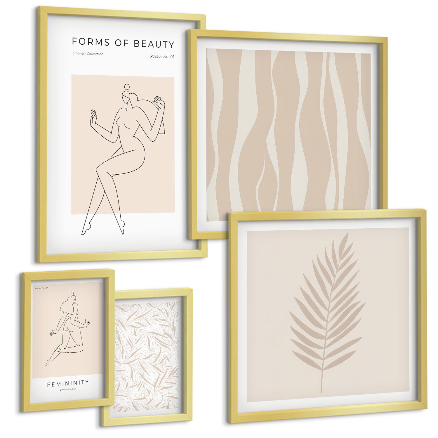 Tulup Mehrteilige Bilder Gerahmtes 5er-Bilder-Set mit Silhouetten und Pflanzenmotiven, Stilvolle Grafiken von Frauen und Pflanzen, Beige