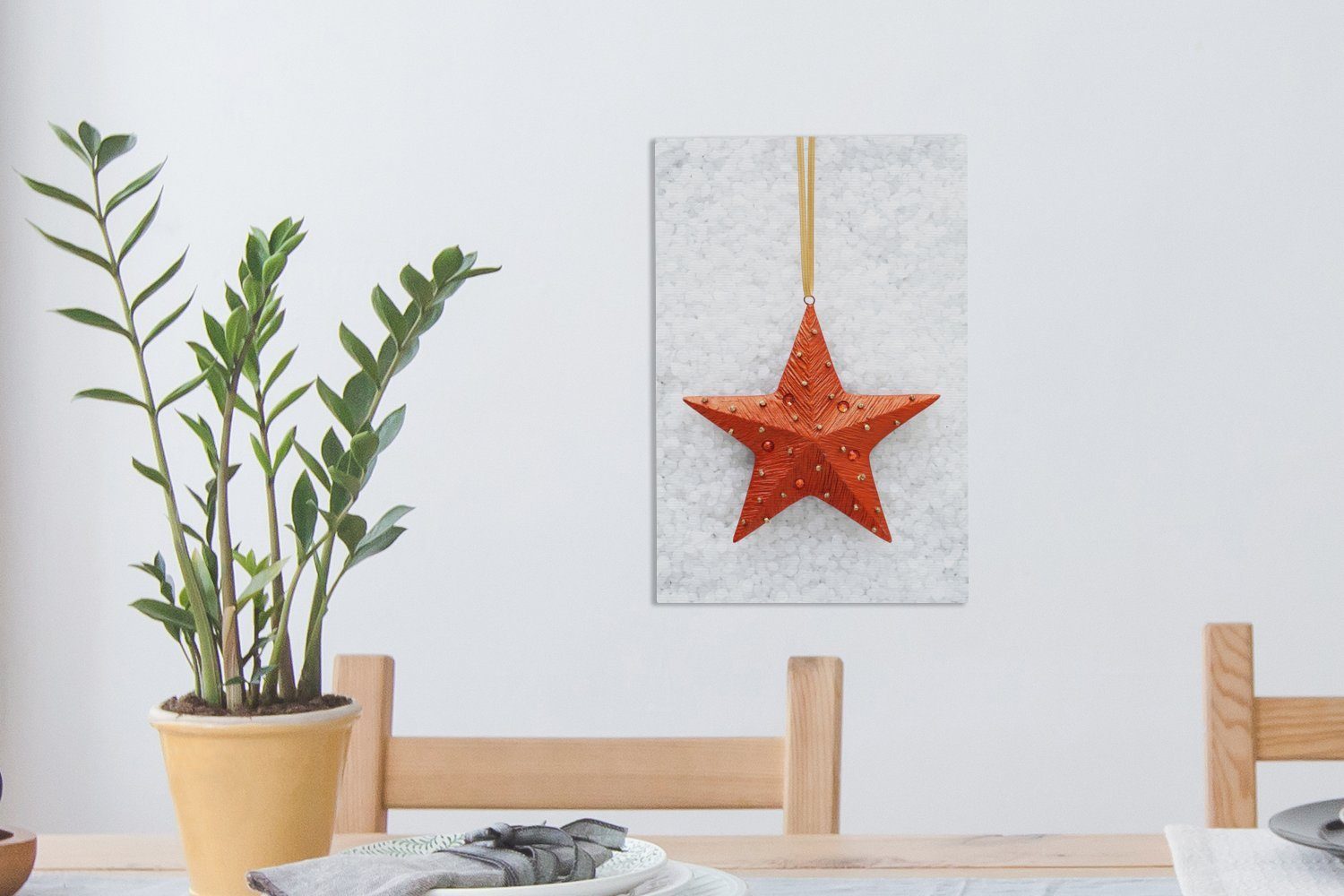 bespannt Zackenaufhänger, verschneitem Leinwandbild roter St), (1 fertig OneMillionCanvasses® Leinwandbild Stern Hintergrund, 20x30 cm Gemälde, mit Ein inkl.