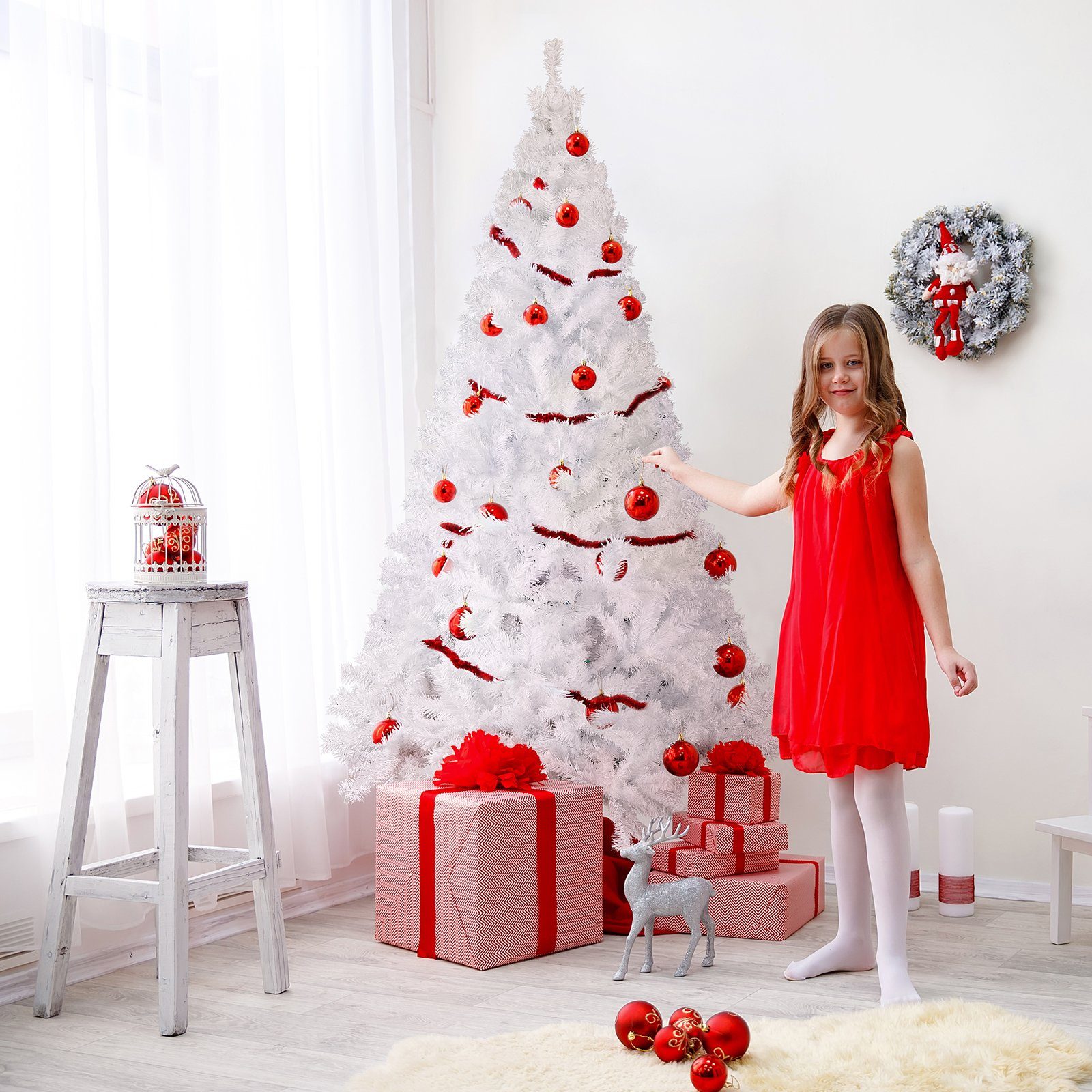 Salcar Künstlicher Weihnachtsbaum Künstlicher Tannenbaum Weihnachtsbaum Weiß Christbaum mit Ständer, Nordmanntanne, 180cm, 735 PVC Nadeln, für Zuhause, Wohnzimmer, Hof, Weihnachtsfeier