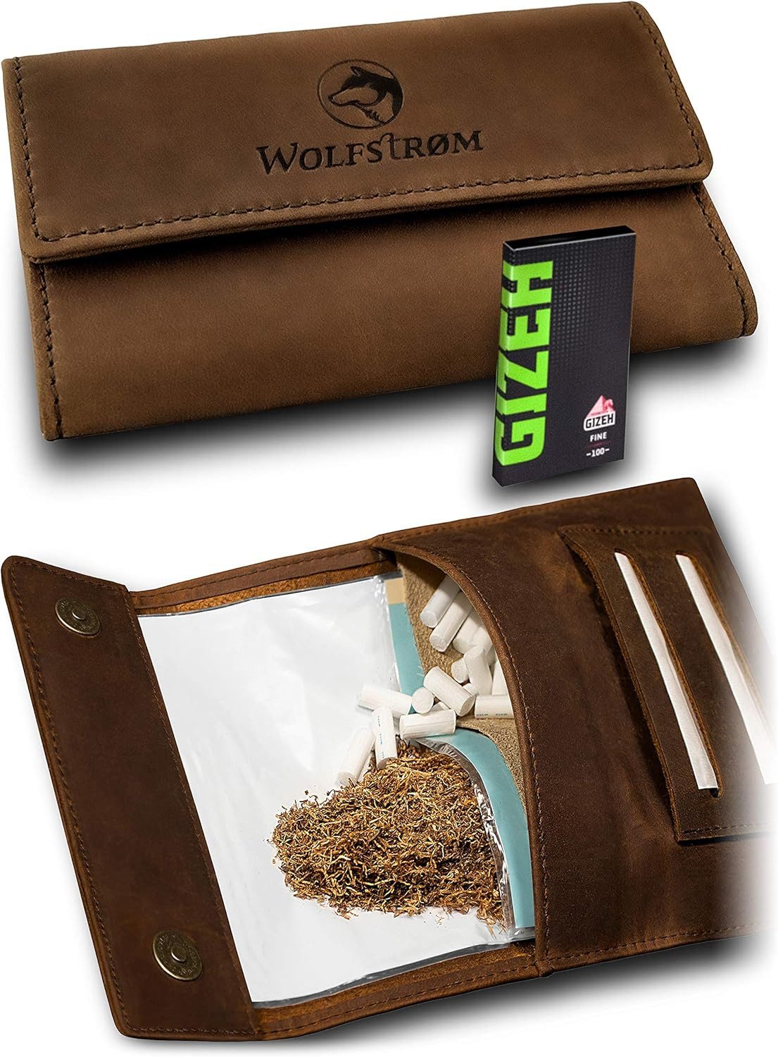 Wolfstrøm Tabakbeutel 'Tåruk' – Premium Tabak-Beutel aus Leder – mit Magnetverschluss (inkl. GIZEH Papers, Design in Germany, Handarbeit / Handmade, Unisex, Made in EUROPE), Vollnarbenleder