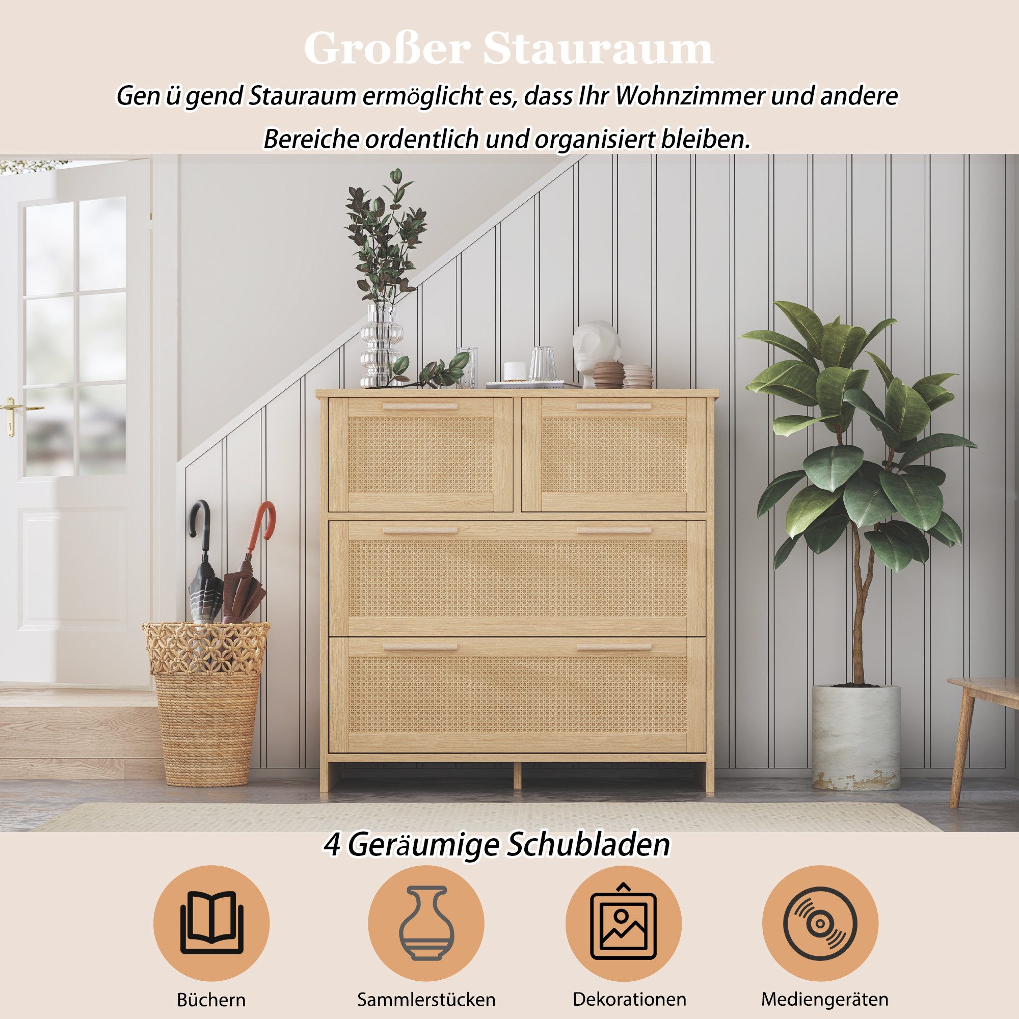 Flieks Sideboard (80x38x80cm, 1 St), 4-Schubladen Rattanschrank Kommode Anrichte Wohnzimmer