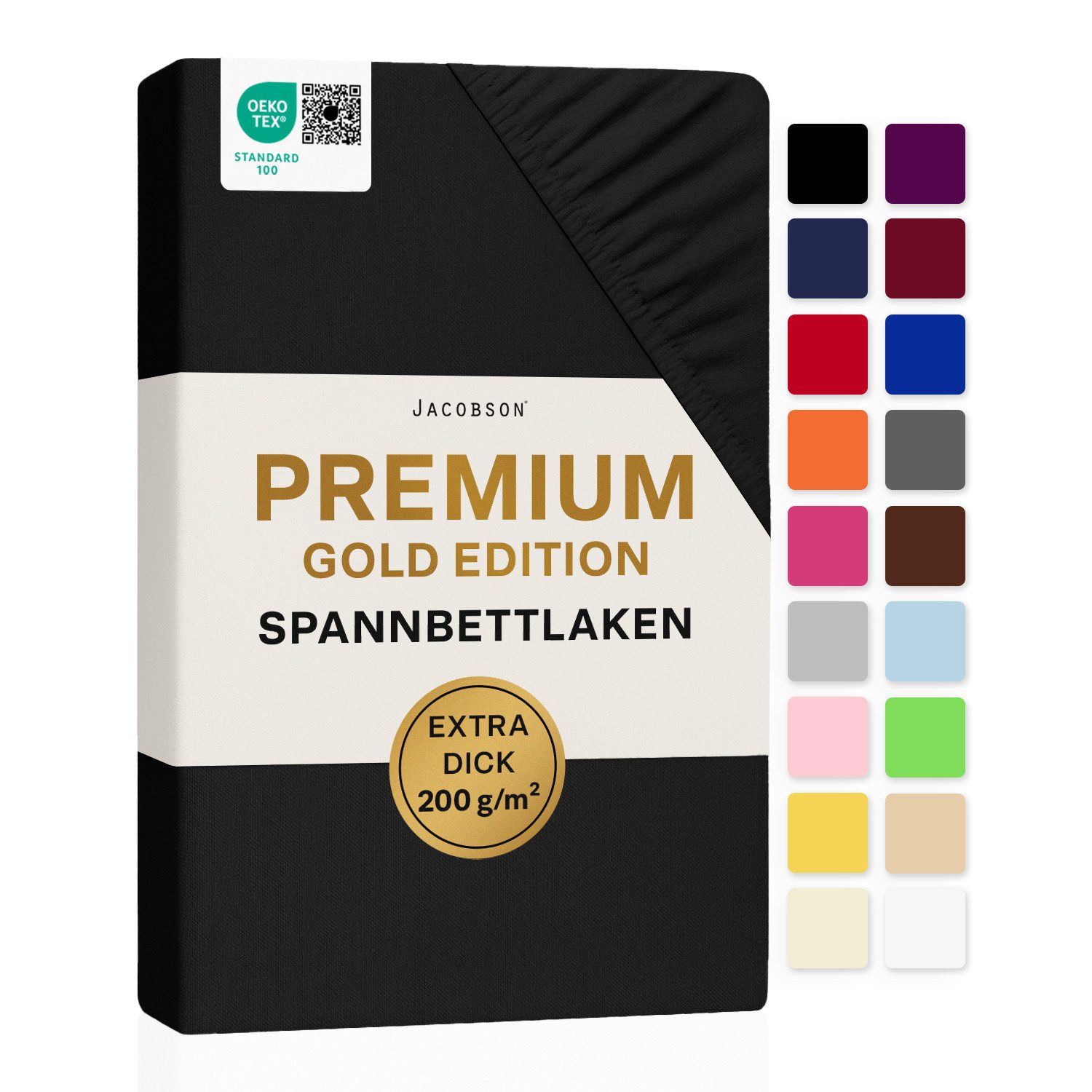 Jacobson Spannbettlaken PREMIUM 200 g/m² Jersey aus 97% Baumwolle & 3% Elasthan, Extra dichtes Bettlaken mit maximalem Halt