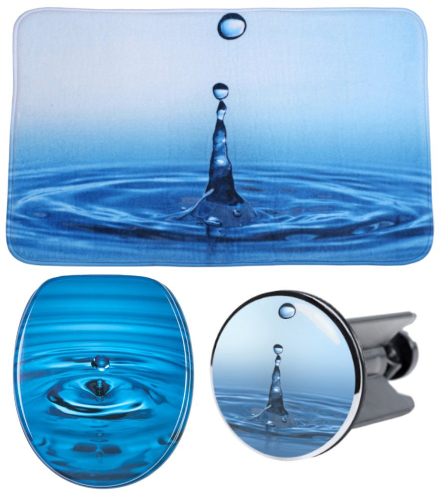 Sanilo Badaccessoire-Set 3-teilig Wassertropfen, WC-Sitz mit Absenkautomatik, Badteppich 70 x 110 cm, Waschbeckenstöpsel, 3 tlg., hochwertig & modern, universell, leichte Montage
