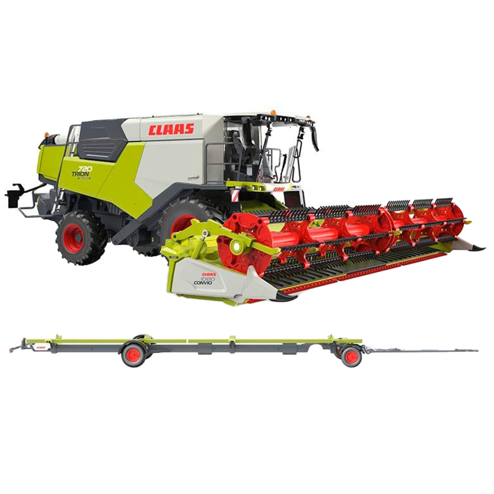 Wiking Modellauto Claas Trion 720 Montana Convio 1080 und Transportwagen