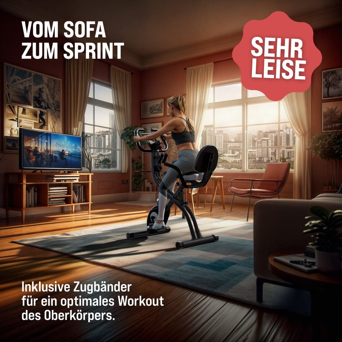 Sportana Heimtrainer Eagle 3, Klappbar Fitnessfahrrad 16 Stufen Pulssensoren 2 Fitnessbänder Fahrrad