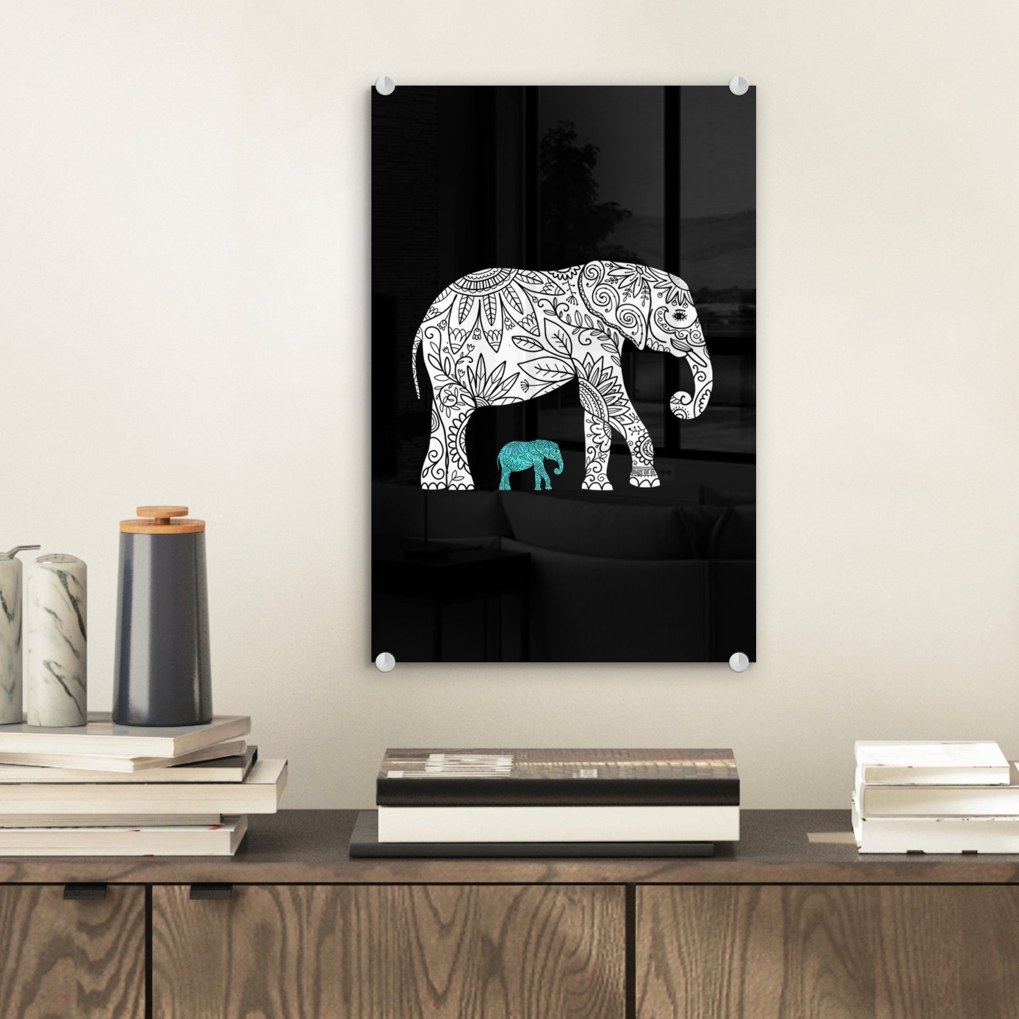 MuchoWow Acrylglasbild Elefant - Muster Wandbild auf Wanddekoration auf Bilder - Glas Schwarz, St), (1 - Glas Glasbilder - Foto 