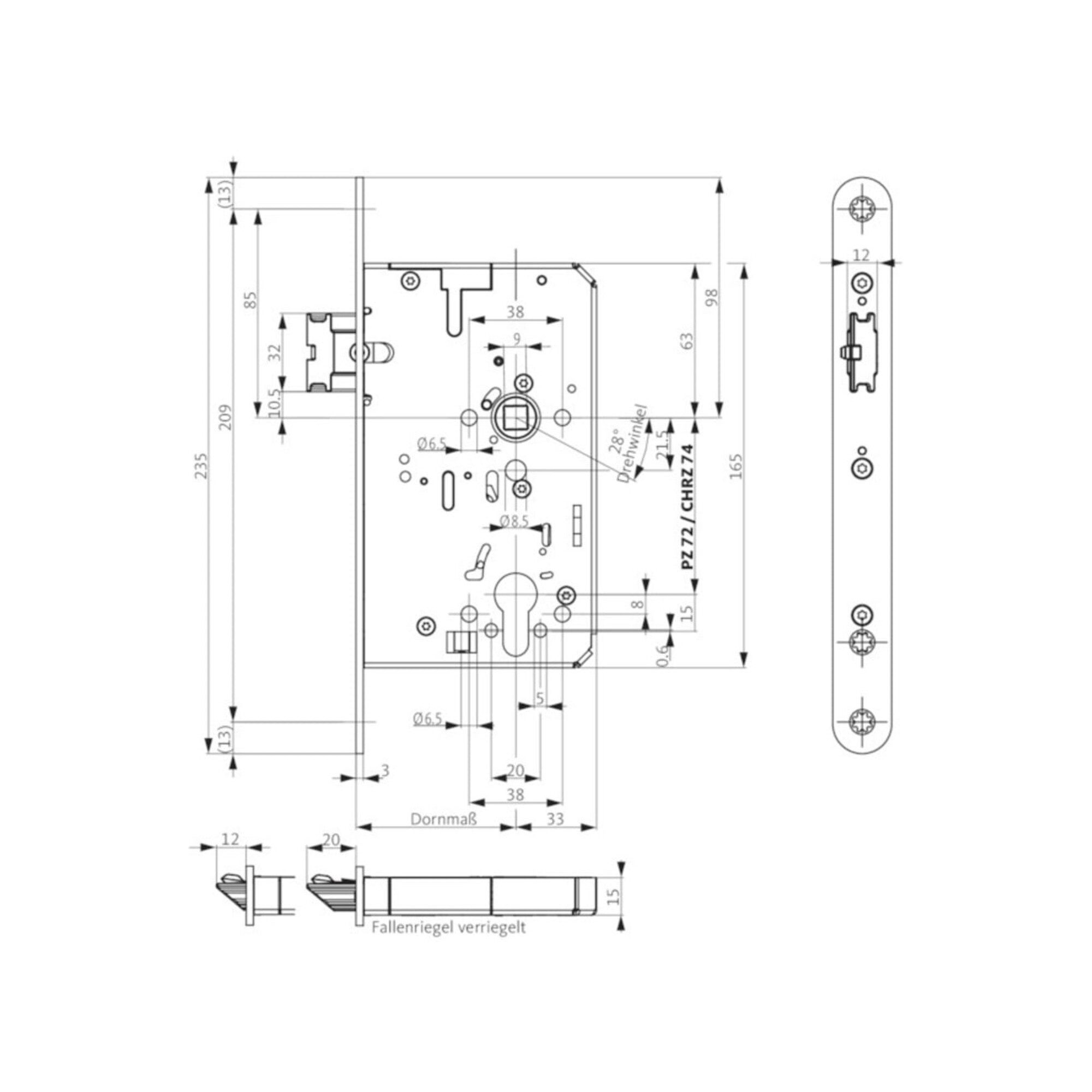 BKS Profilzylinder Panik-Einsteckschloss 2116 Fkt.E rd 24/65/72/9mm DIN L/R VA BKS