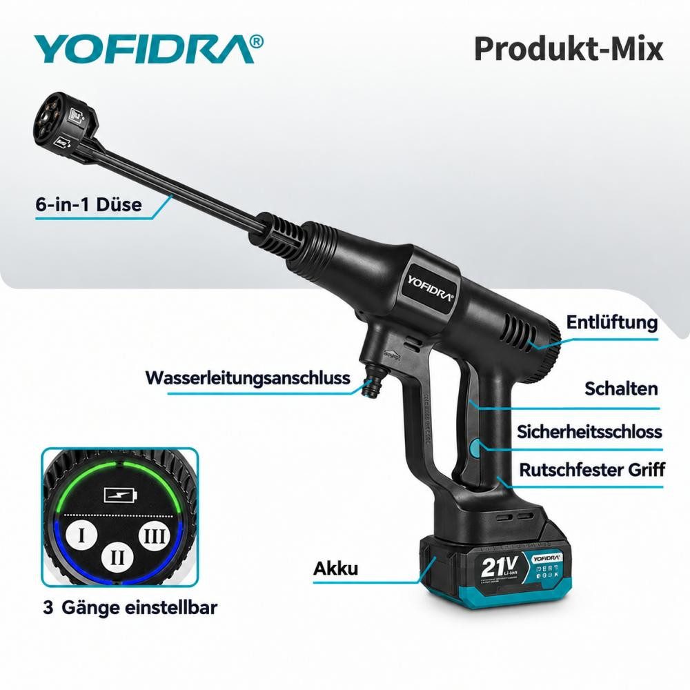 Yofidra Akku-Hochdruckreiniger 70 Bar, 246 l/h,Bürstenlose Tragbarer Hochdruckreiniger, mit 6-IN-1 Düse & 2 Akku,für Auto, Terrasse, Rasen – Bild 4 von 5