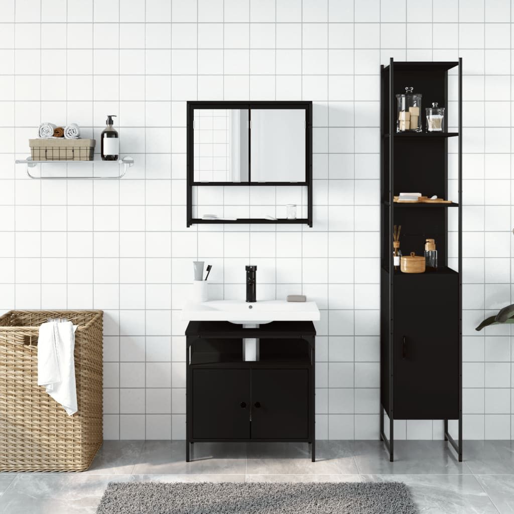 vidaXL Badezimmer-Set 3-tlg. Badmöbel-Set Schwarz Holzwerkstoff, günstig online kaufen
