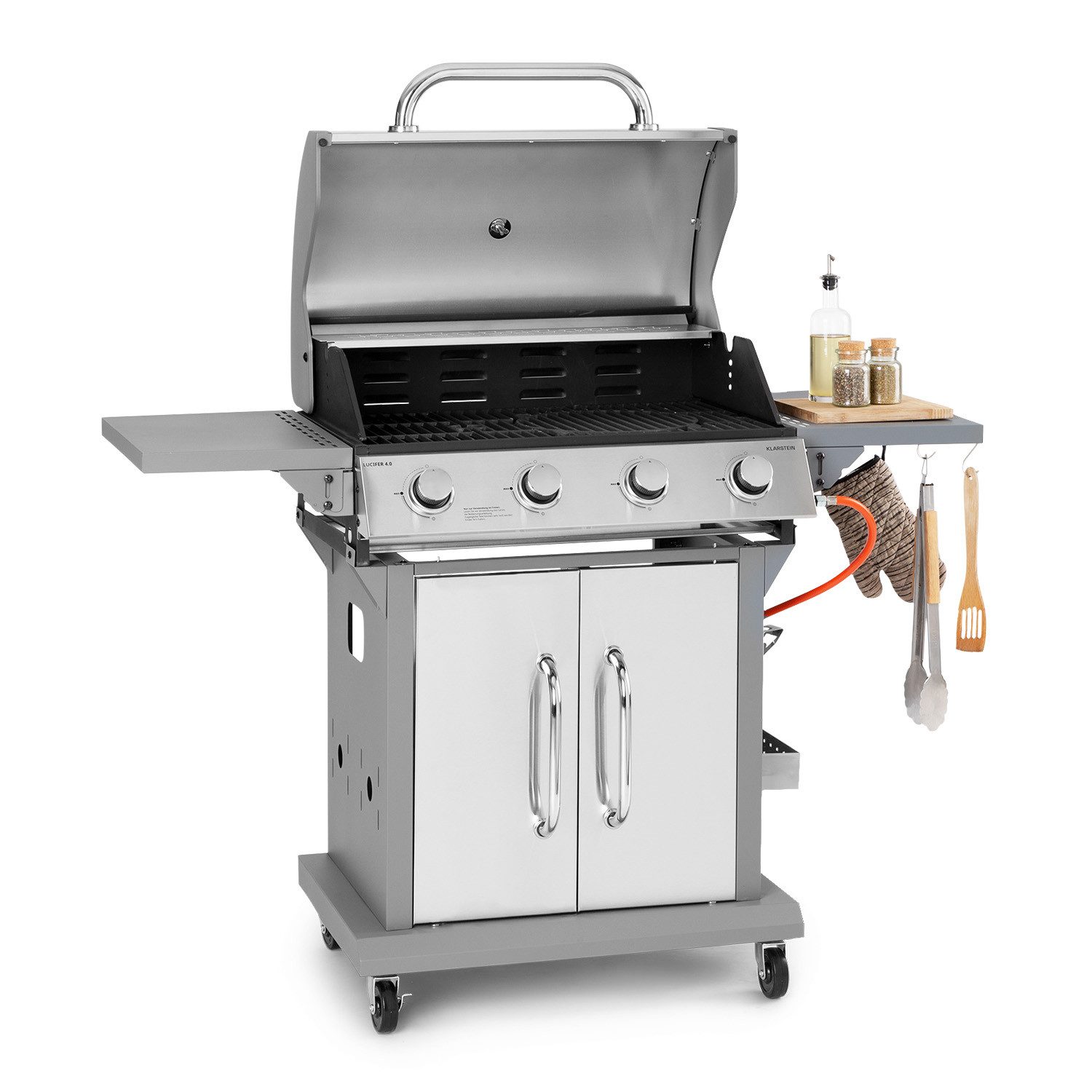 Klarstein Gasgrill Lucifer, Kombi-Set, Set, Gas Grill Smoker BBQ Edelstahl 4 Brenner Garten Mobil