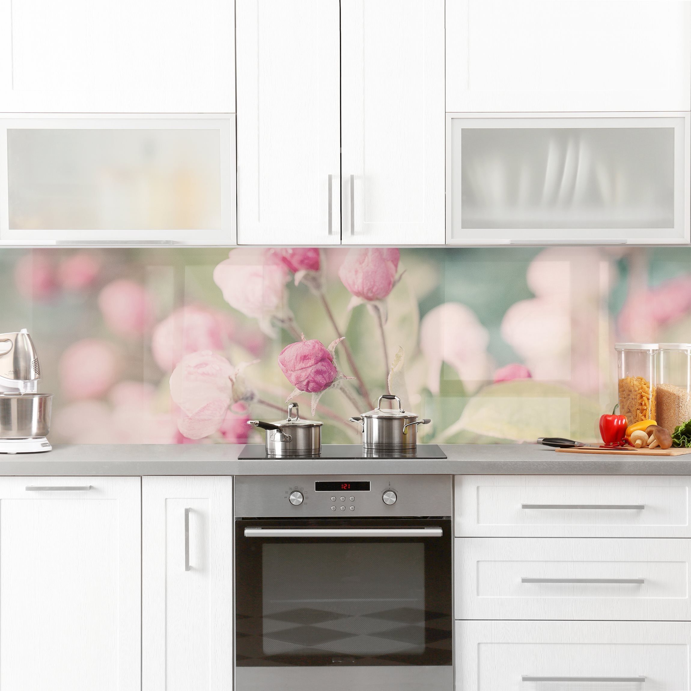 Bilderdepot24 Küchenrückwand rosa dekor Blumen Wandpaneel Küche Apfelblüte Bokeh rosa, (1-tlg., Nischenrückwand - für Fliesenspiegel ohne Bohren - matt), Spritzschutz Rückwand Küche Herd - Folie selbstklebend versch. Größen