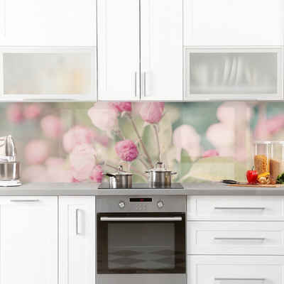 Bilderdepot24 Küchenrückwand rosa dekor Blumen Wandpaneel Küche Apfelblüte Bokeh rosa, (1-tlg., Nischenrückwand - für Fliesenspiegel ohne Bohren - matt), Spritzschutz Rückwand Küche Herd - Folie selbstklebend versch. Größen