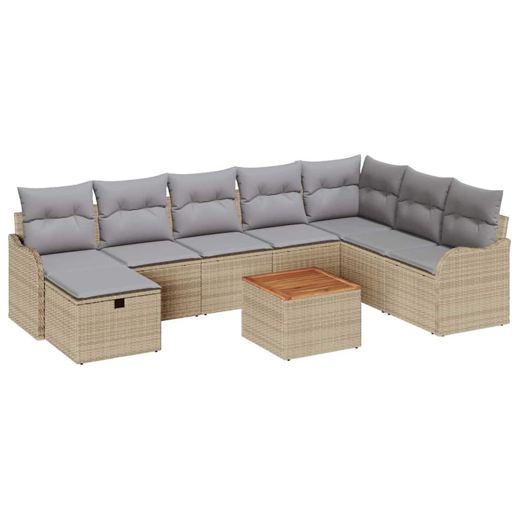 vidaXL Gartenlounge-Set Gartensofa-set mit Kissen mit Speicher 9 pcs Beige Poly-Rattan, (9-tlg)