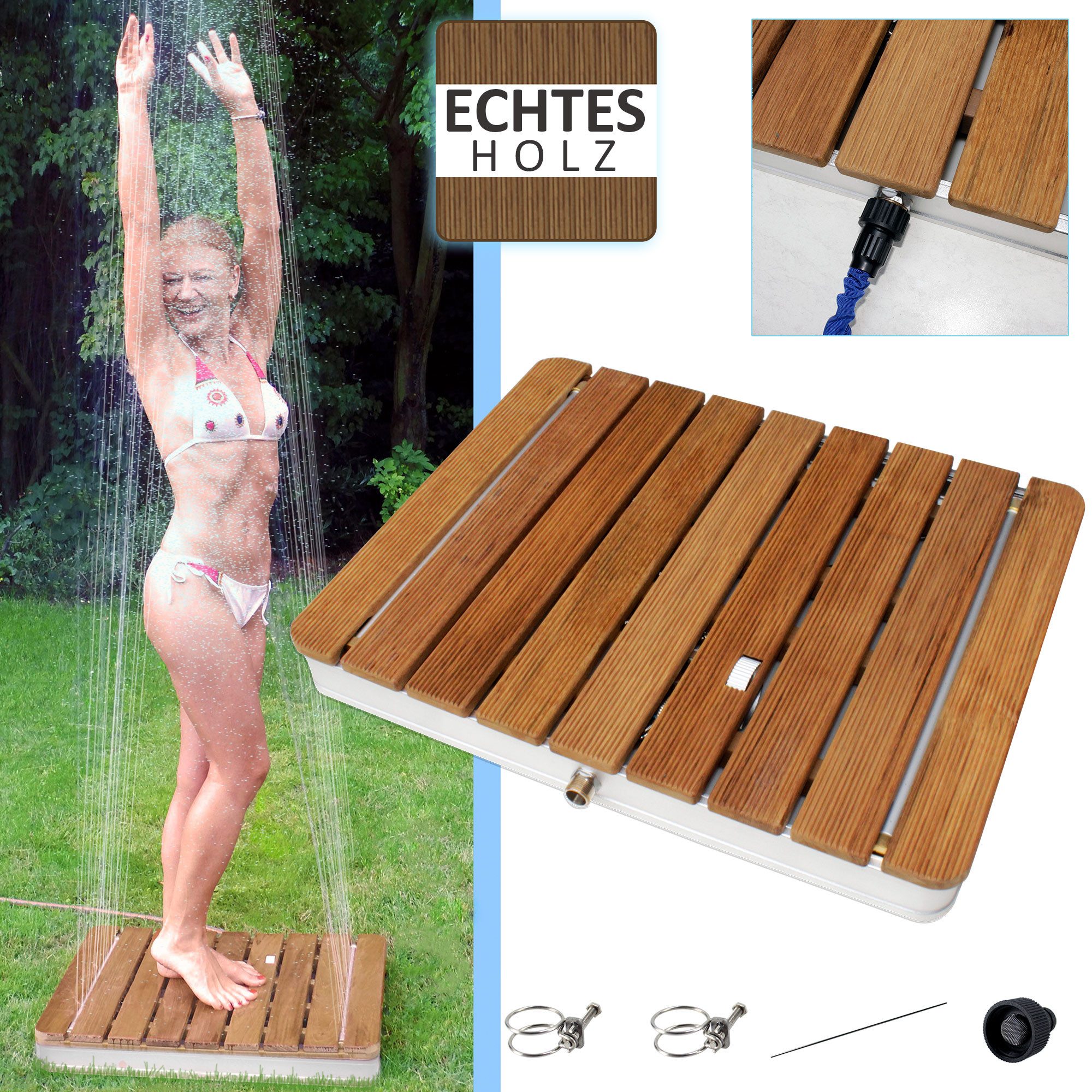 Mobile Gartendusche Bodendusche aus massivem Teak-Holz