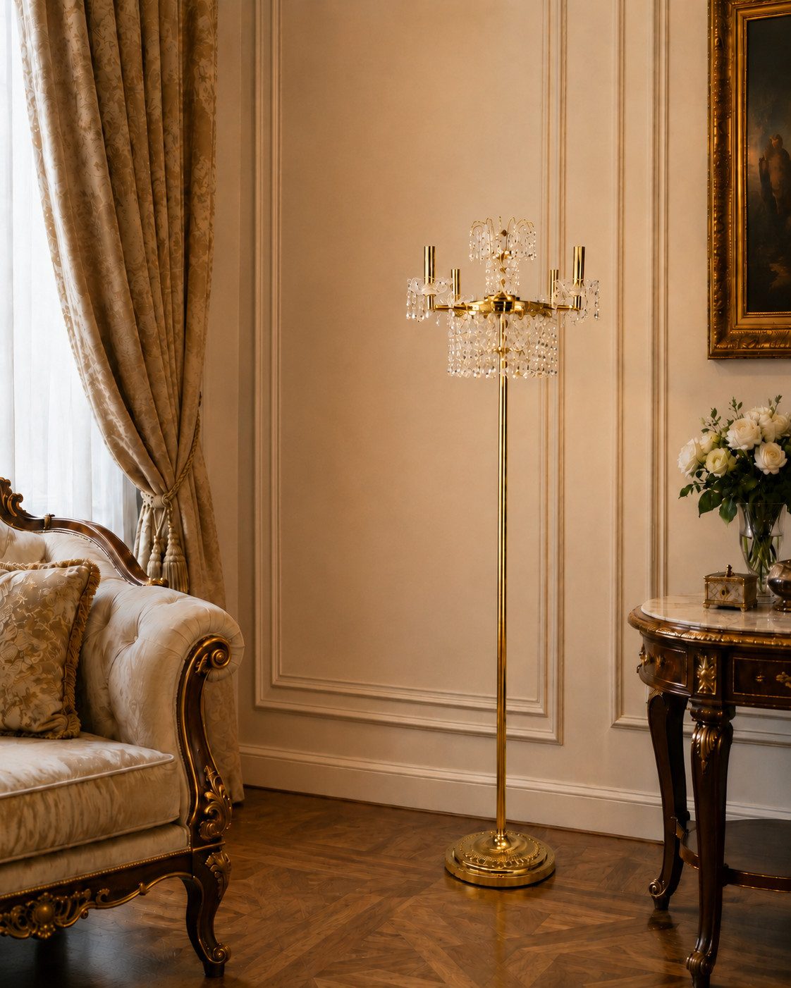 JVmoebel Stehlampe Kristall Gold Klassisch Barock Luxus Wohnzimmer Lampe Sofort, abhängig vom Leuchtmittel, Goldfarbene Stehlampe mit Kristallbehang