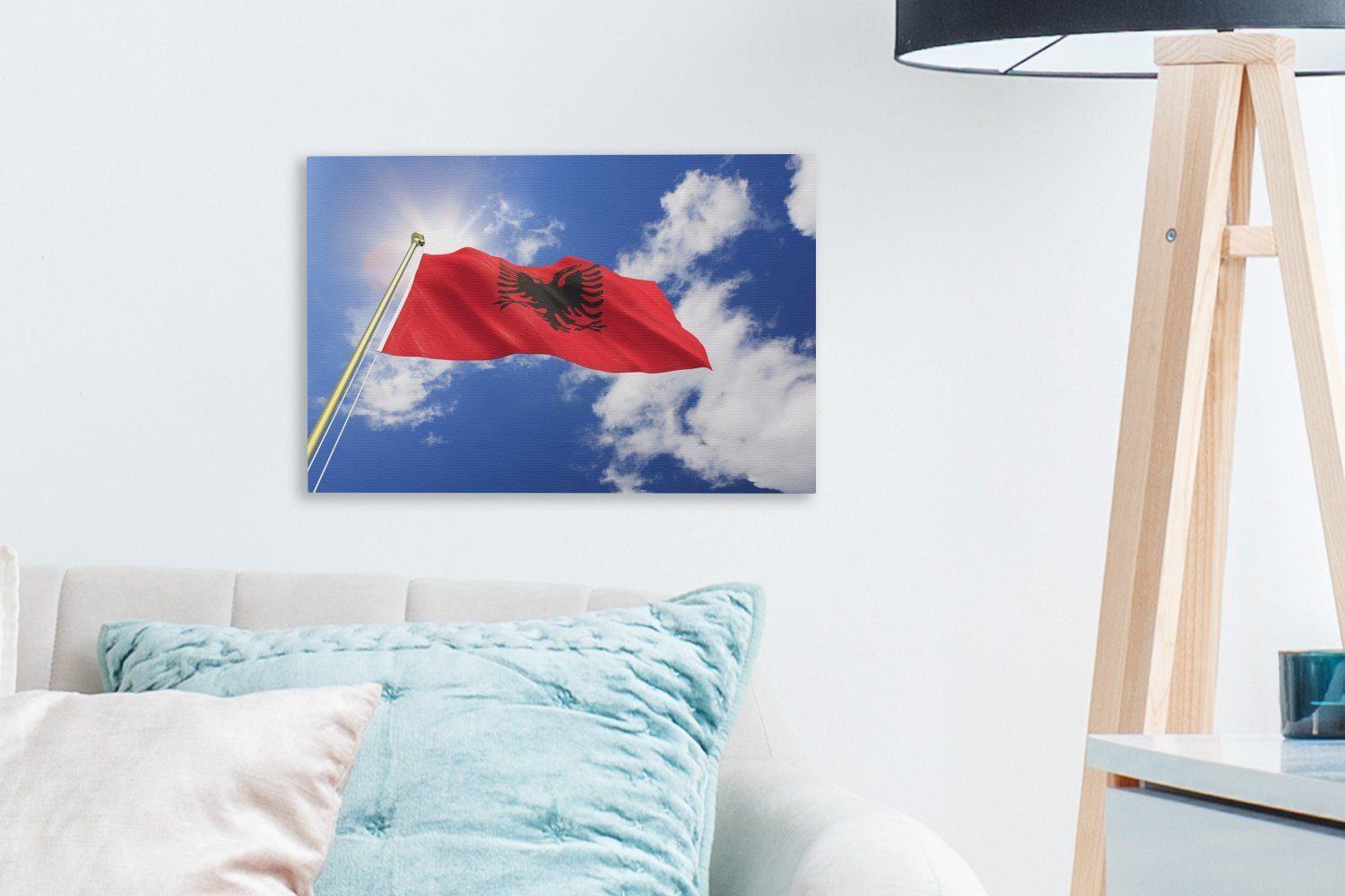 Wandbild Aufhängefertig, (1 von blauem Leinwandbilder, St), cm Wanddeko, Albanien Leinwandbild mit Himmel, 30x20 OneMillionCanvasses® Flagge