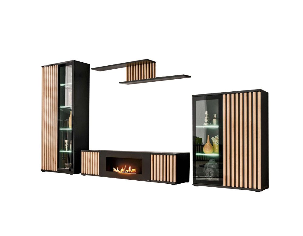 99rooms Wohnwand Carmelo, (Wohnmöbel, Wohnzimmer-Set), TV-Lowboard mit Biokamin, 2 Vitrinen, Wandregal, LED-Beleuchtung
