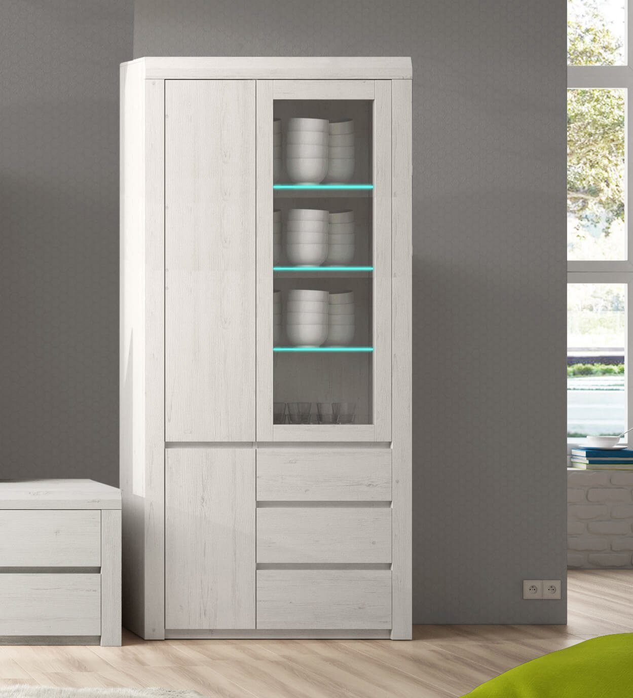 Helvetia Vitrine Monica II (Monica II, 1-St) 94cm Ausführung wählbar grifflos 3-türig mit 3 Schubladen