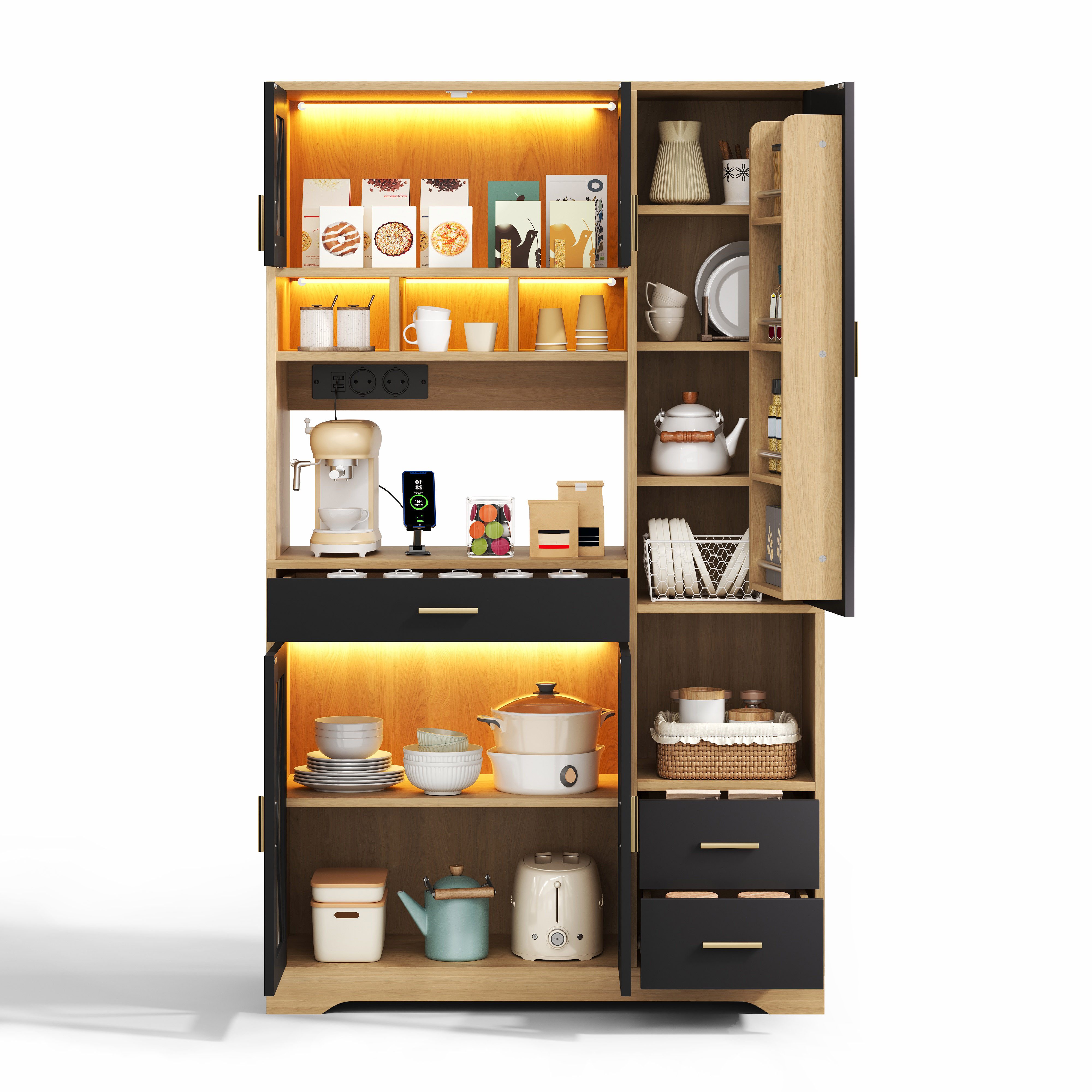 Welltin Highboard Küchenschrank im Scheunenstil mit Vitrine und Aufbewahrung, mit Böden Schublade LED-Beleuchtung und Steckdosen 185 × 105 × 40 cm
