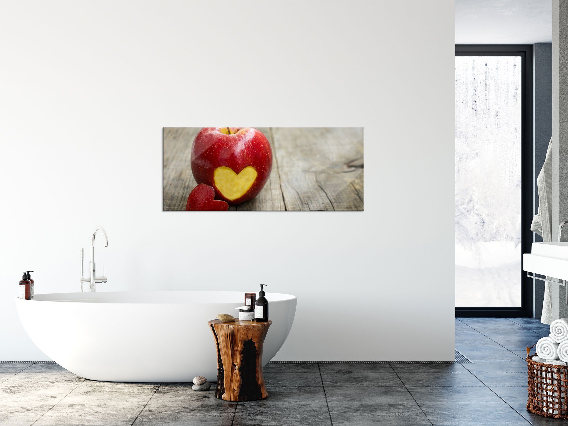 Glasbild Apfel, Glasbild in Aufhängungen und (1 Echtglas, inkl. aus Apfel Herzschnitzerei Pixxprint Herzschnitzerei in St), Abstandshalter