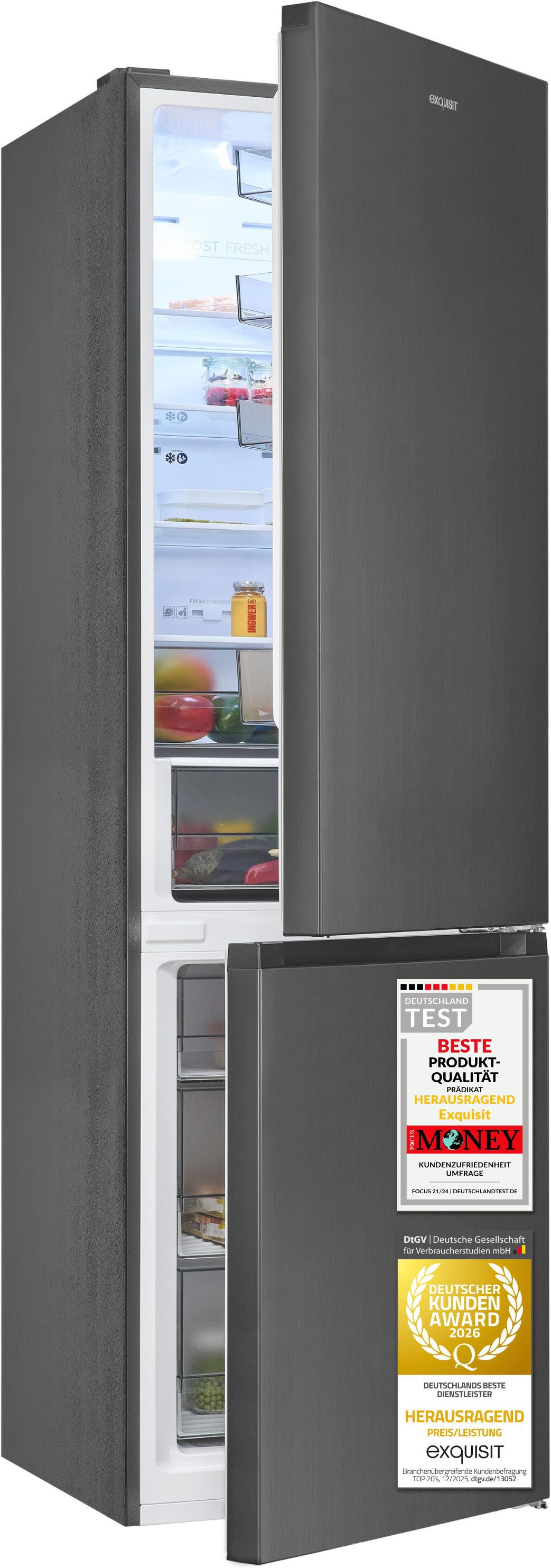 exquisit Kühl-/Gefrierkombination KGC380-115-NF-040A inoxlook-az, 200,5 cm hoch, 59,5 cm breit, Humidity Box für optimale Feuchtigkeitsregulierung & kein Abtauen mehr