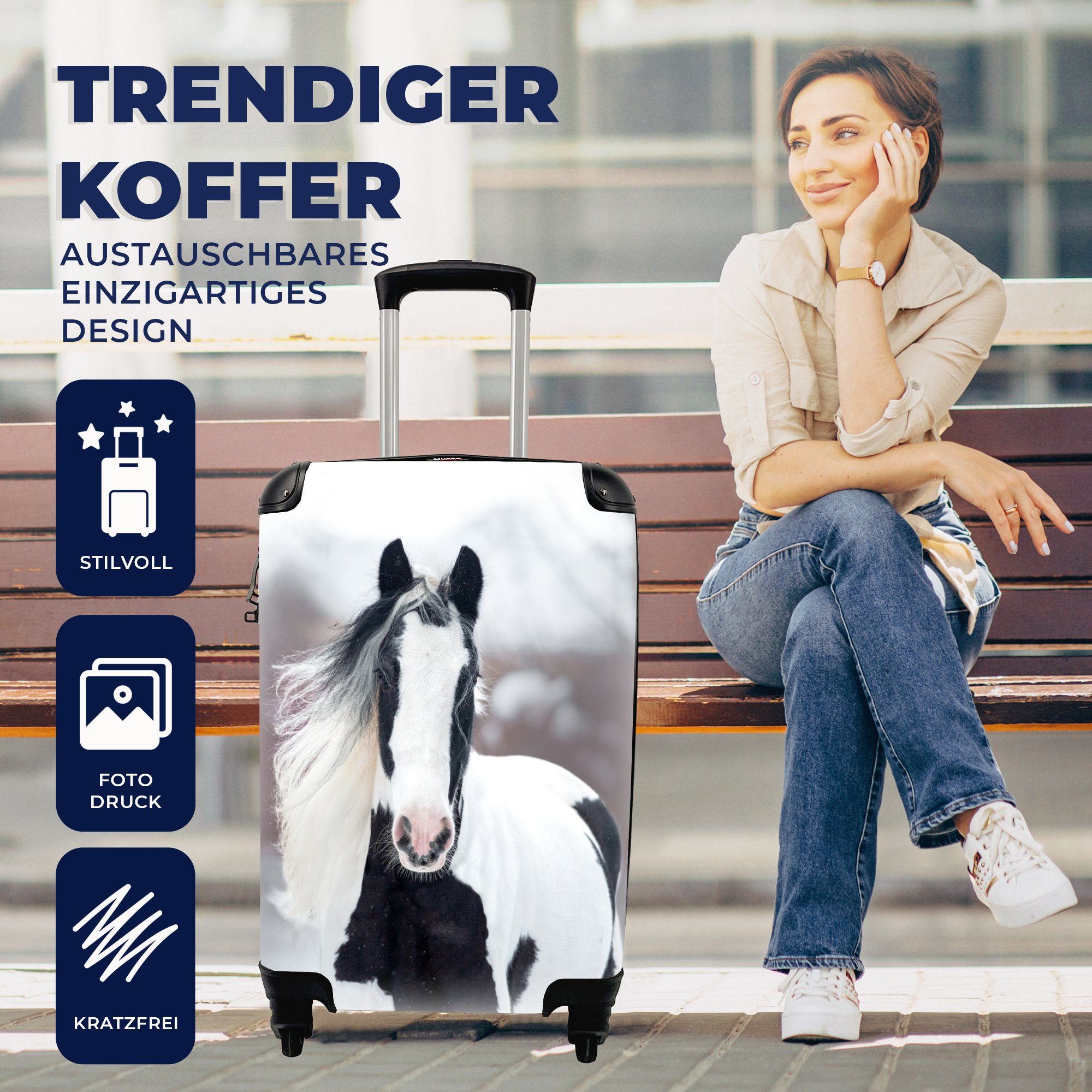 mit Porträt, - Pferd Ferien, Handgepäck Reisekoffer Trolley, rollen, Rollen, MuchoWow Reisetasche Schnee - Handgepäckkoffer Winter 4 - für