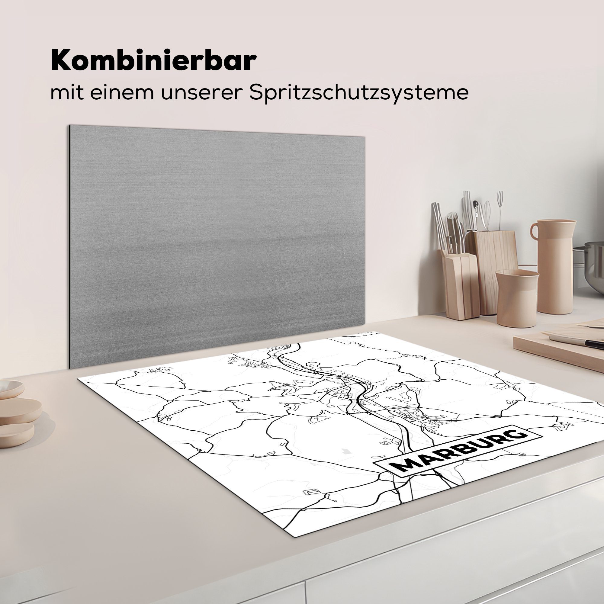 tlg), Ceranfeldabdeckung, Herdblende-/Abdeckplatte Arbeitsplatte Marburg - - küche Karte Vinyl, MuchoWow 78x78 cm, Stadtplan, (1 für