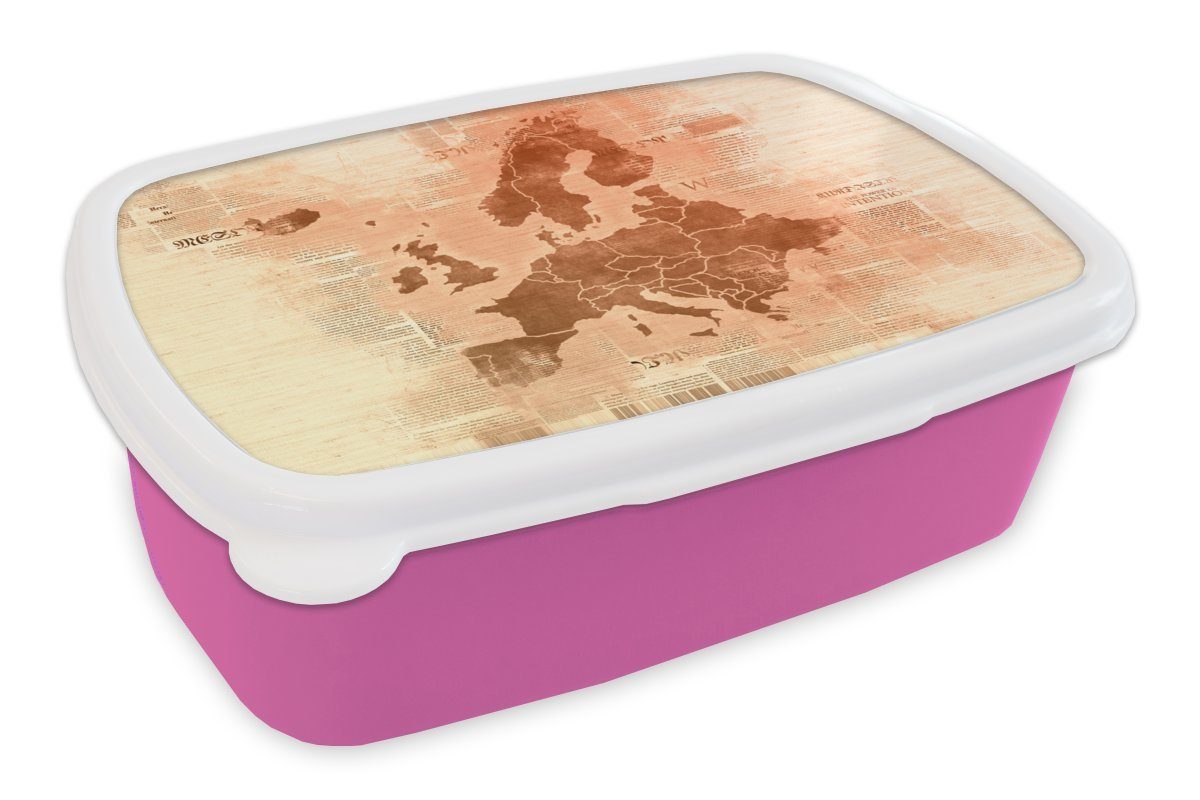 MuchoWow Lunchbox Karte von Europa - Zeitung - Orange, Kunststoff, (2-tlg), Brotbox für Erwachsene, Brotdose Kinder, Snackbox, Mädchen, Kunststoff rosa