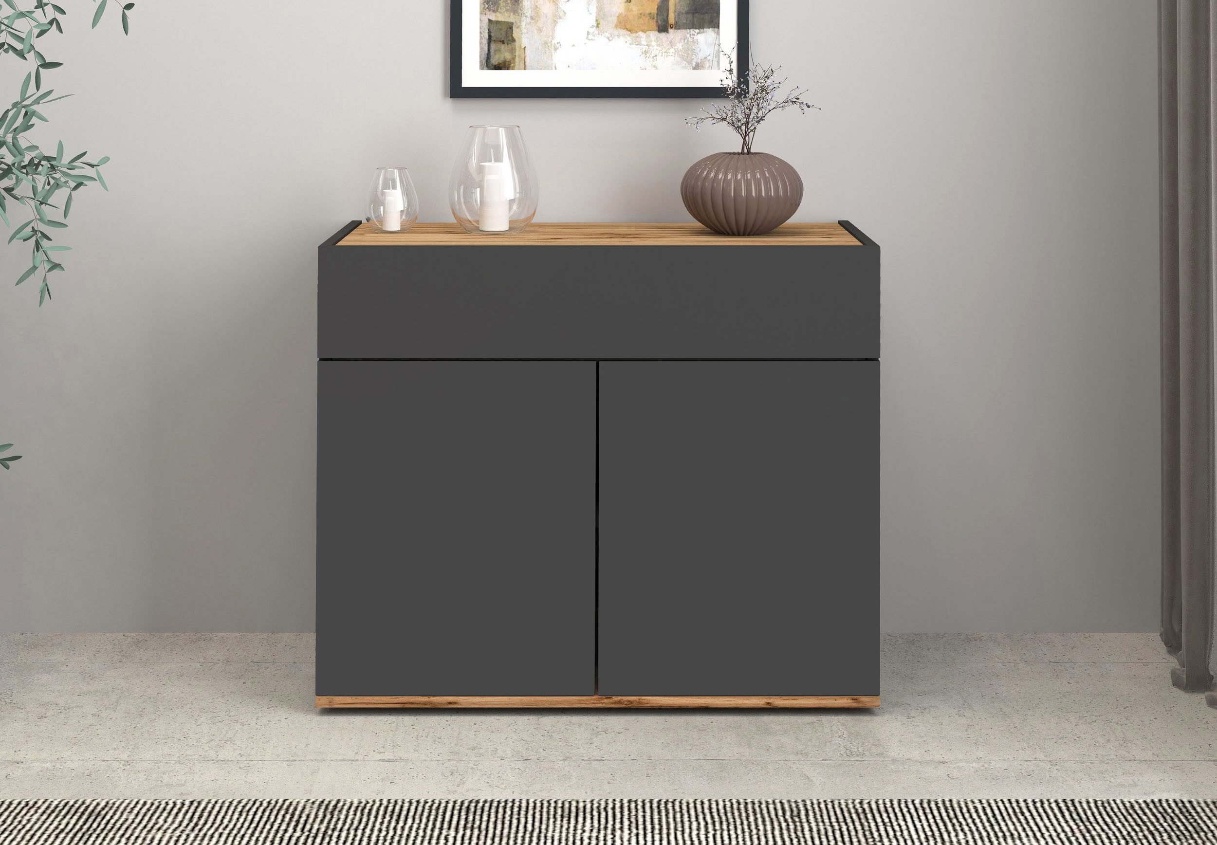 OTTO home Sideboard Garda, Kommode, Schrank, 2 Türen, 1 Schublade, Made in Italy, 2 Türen, 1 Schublade, grifflos, Breite 80,9 cm, anthrazit/eiche matt