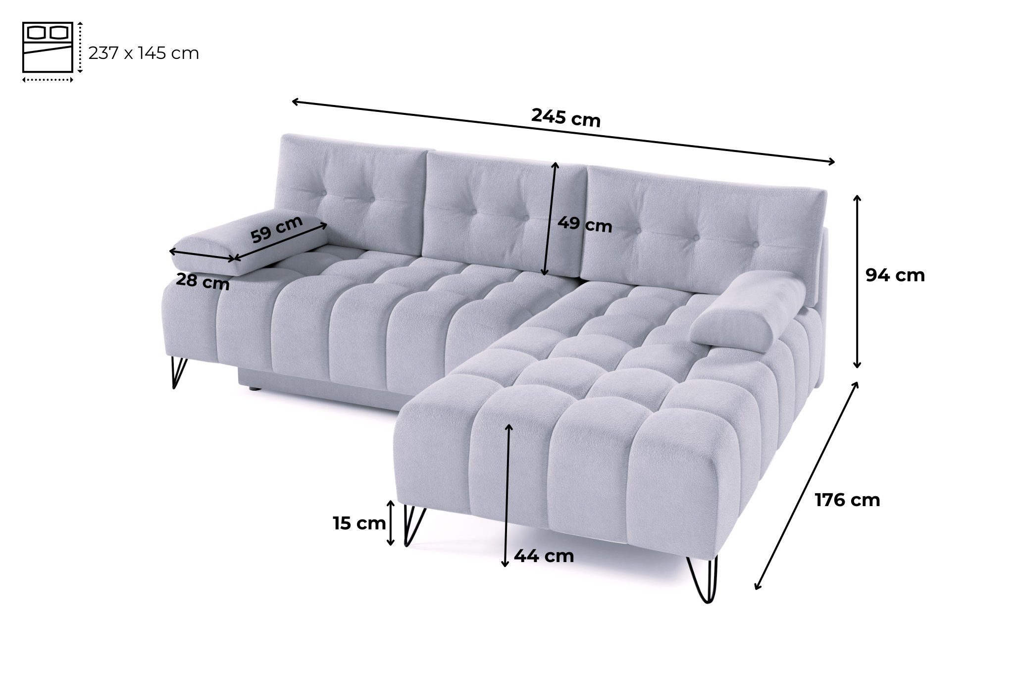 Ecksofa Schlafsofa Schlaffunktion L-förmiges Wohnzimmergarnitur Loungesofa Couch Elegante Wohnlandschaft mit cm, 245x94x176 Bettkasten - und MOEBLO Bettzeugablage Sofagarnitu (BxHxT): Ecke BRODY,