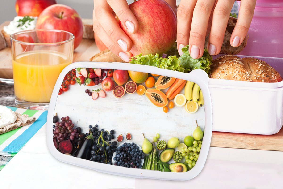 MuchoWow Lunchbox - Weintrauben Mädchen Jungs Regenbogen für Brotdose, Papaya, Obst - Kinder Erdbeere - und Erwachsene, und Brotbox für Kunststoff, weiß - (2-tlg)