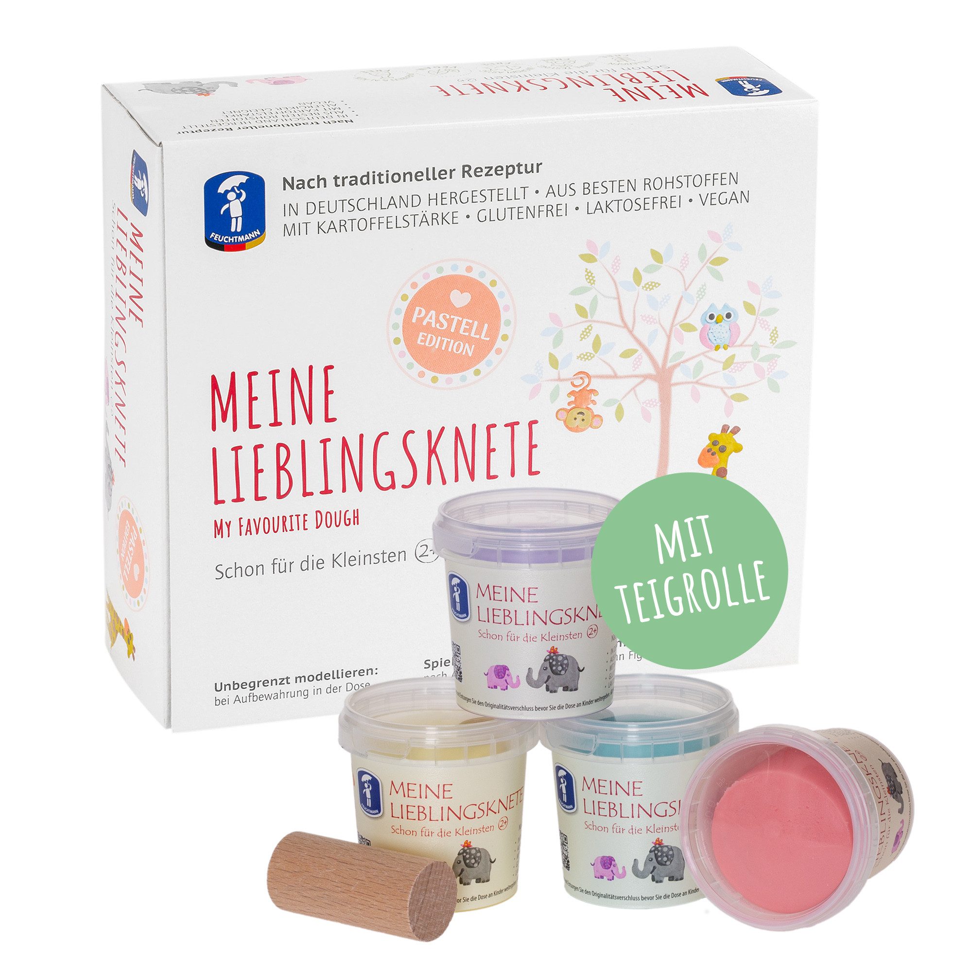 Feuchtmann Knete MEINE LIEBLINGSKNETE Pastell Edition+ (Knetset, 1-tlg., mit Teigrolle), vegane glutenfreie Kinderknete ab 3 Jahren