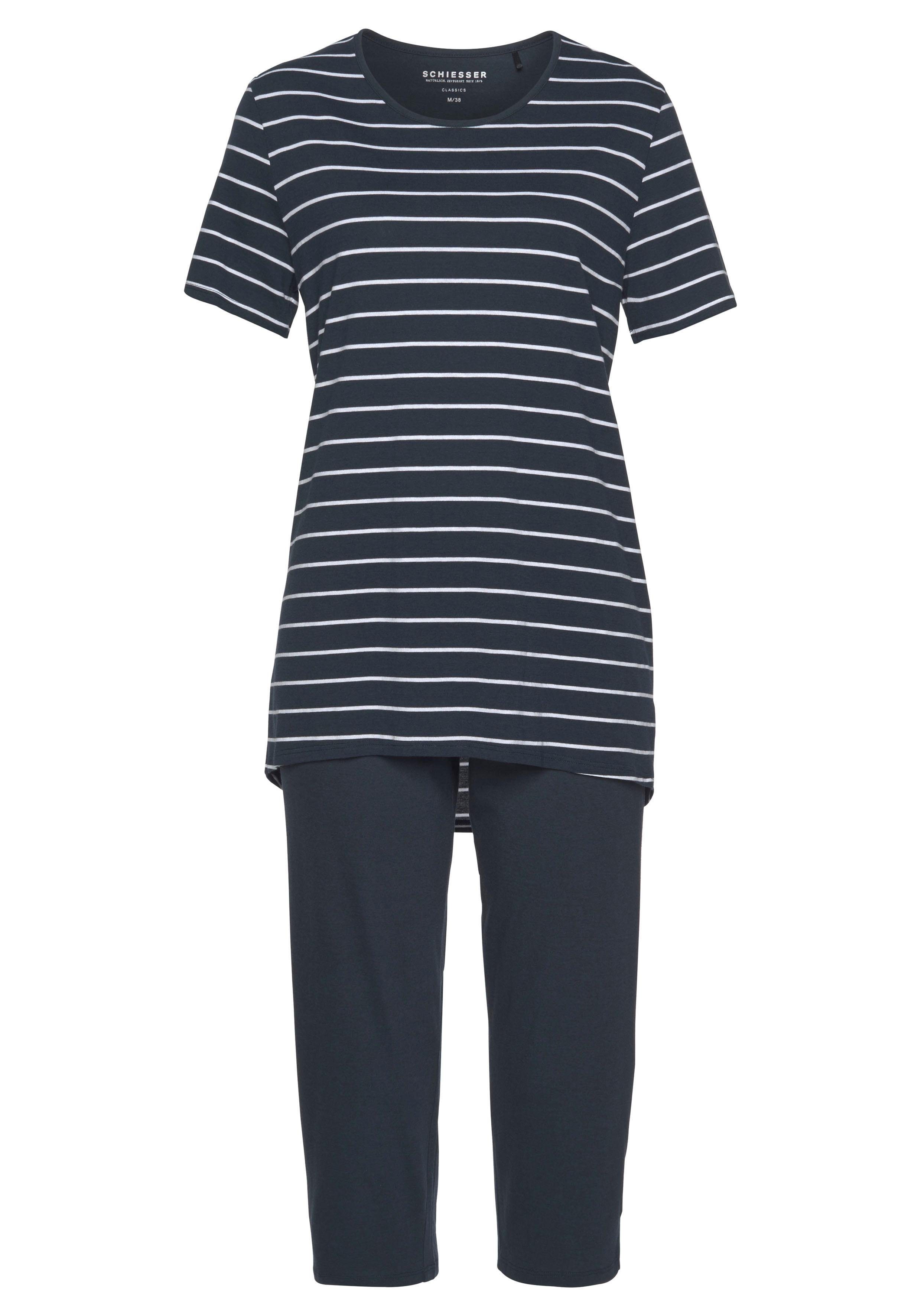 Schiesser Capri-Pyjama (2 tlg., 1 klassischem mit Streifenmuster Stück) nachtblau