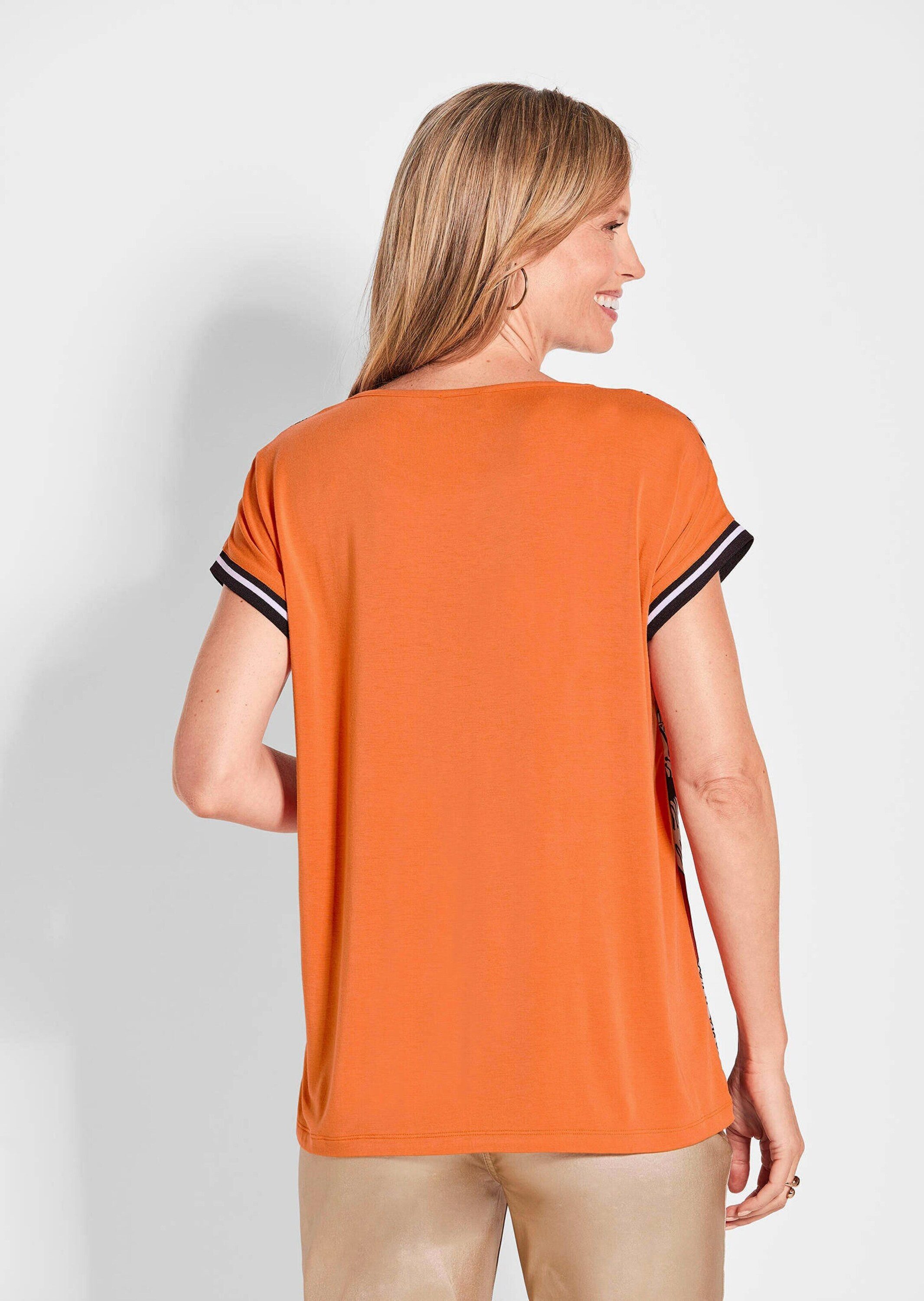 GOLDNER Shirtbluse Kurzgröße: Kurzarm Oberteil mit floralem Design Gerades Shirt mit harmonischem Farbverlauf, U-Boot-Ausschnitt, bequem