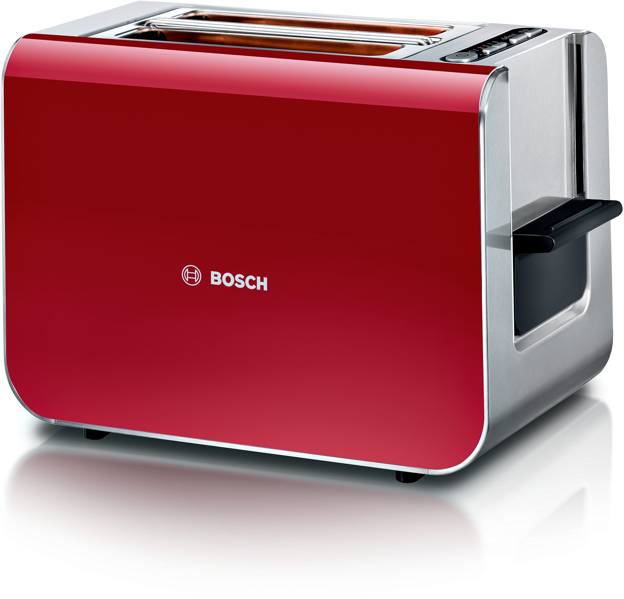 BOSCH Toaster Styline TAT8614N, integrierter Brötchenaufsatz, Liftfunktion, 860 W, Auftaufunktion, Abschaltautomatik, Brotzentrierung, Edelstahl/rot