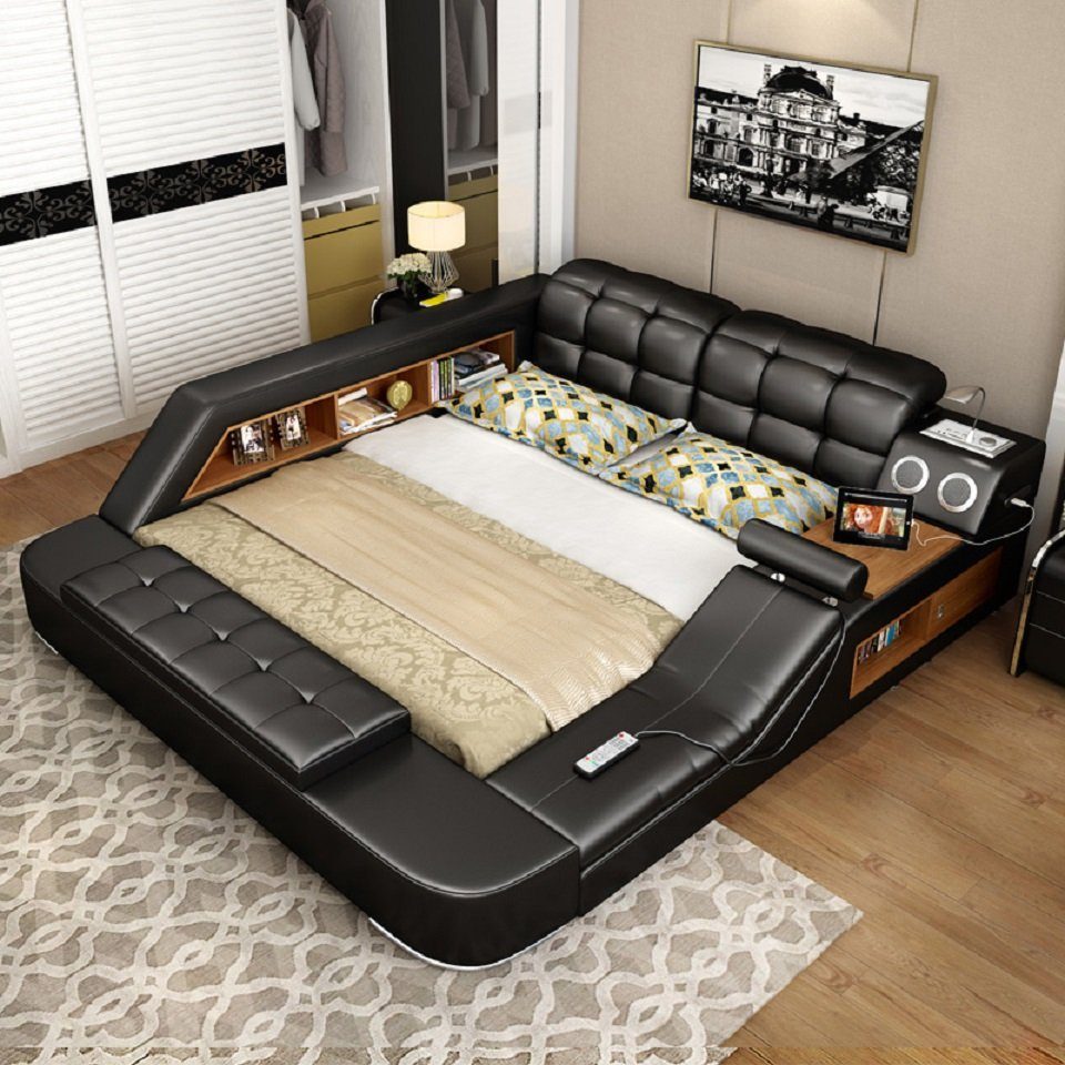 JVmoebel Multimediabett Multifunktionales Bett mit Regal und Ladestation aus Leder, Made in Europa