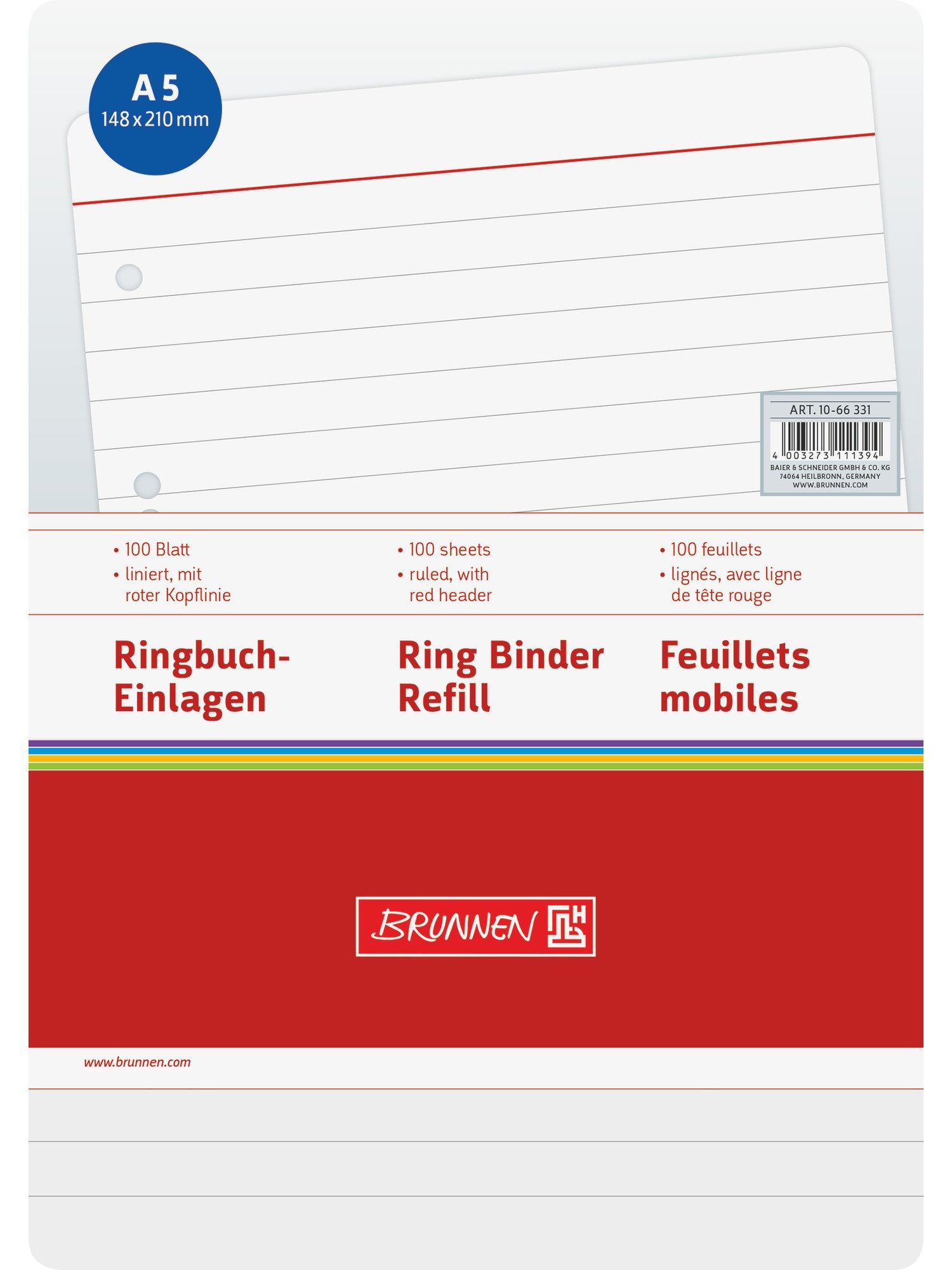 Baier & Schneider Collegeblock Ringbucheinlagen liniert 100 Blatt A5