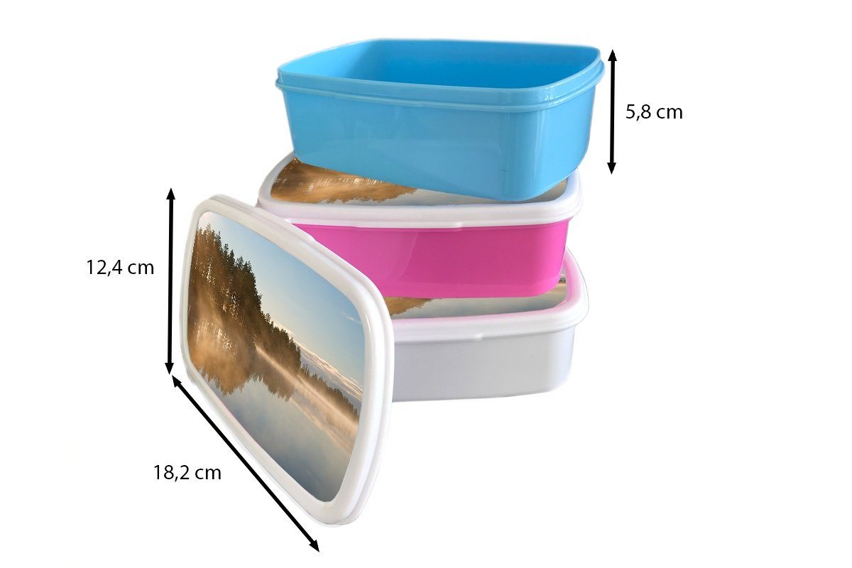 einen See Brotbox Mädchen, Kinder, Sonne Kunststoff Lunchbox scheint für in auf Brotdose Kunststoff, (2-tlg), Lappland, Erwachsene, rosa Die MuchoWow Snackbox,