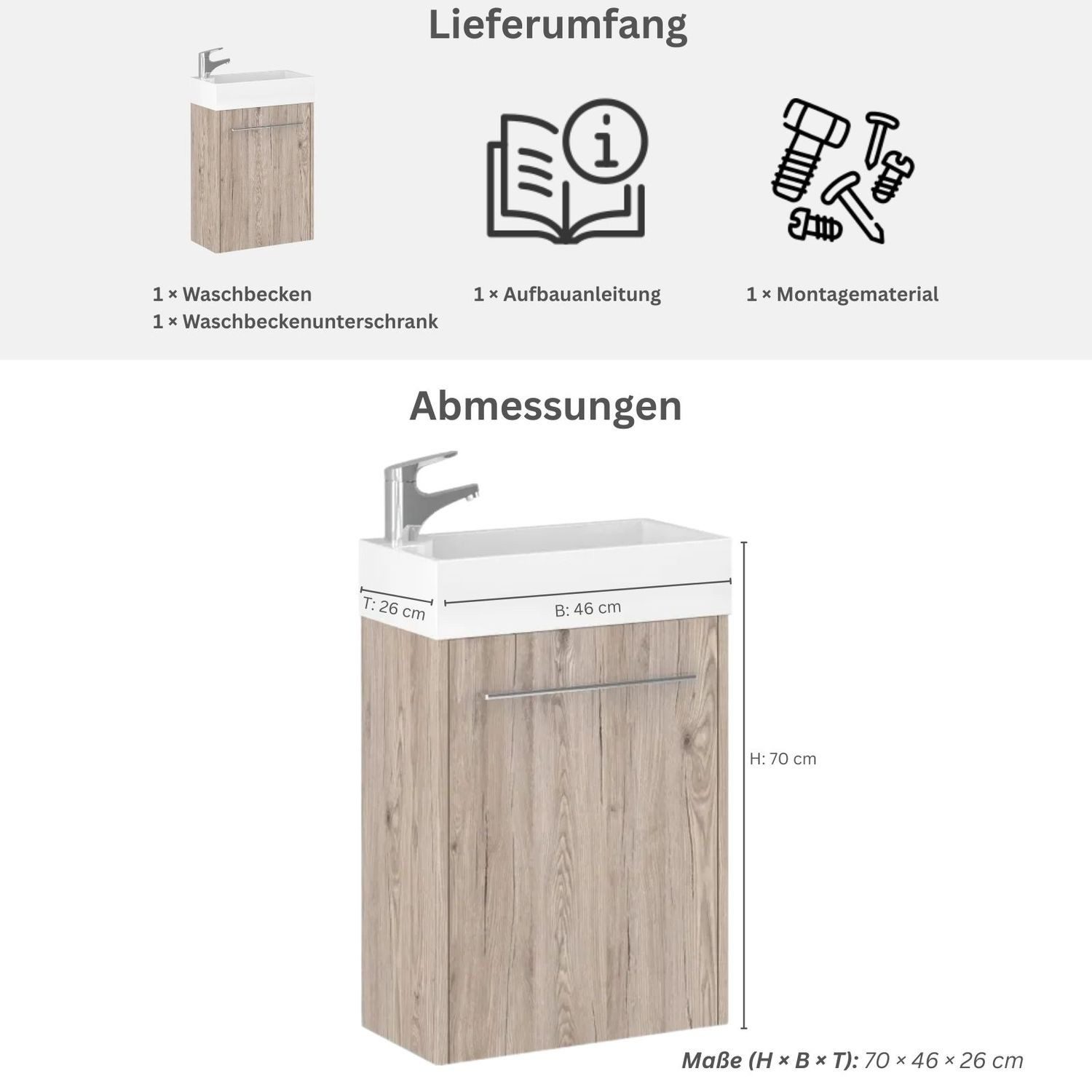 Astor Badmöbel-Set Waschtisch Caddy 46 cm – Waschbecken mit Unterschrank, melaminbeschichtet – einfach zu reinigen – Bild 3 von 3
