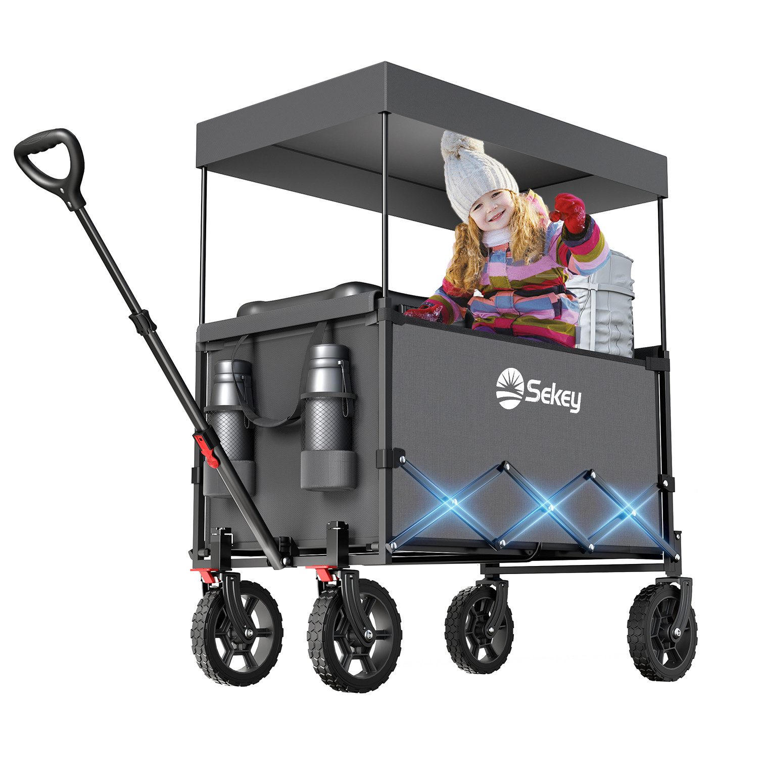Sekey Bollerwagen Bollerwagen Faltbar mit Dach, 150L Handwagen Tragfähigkeit von 150 kg, Klappbarer Transportwagen mit Sonnenschutz für Ausflug Strand Camping