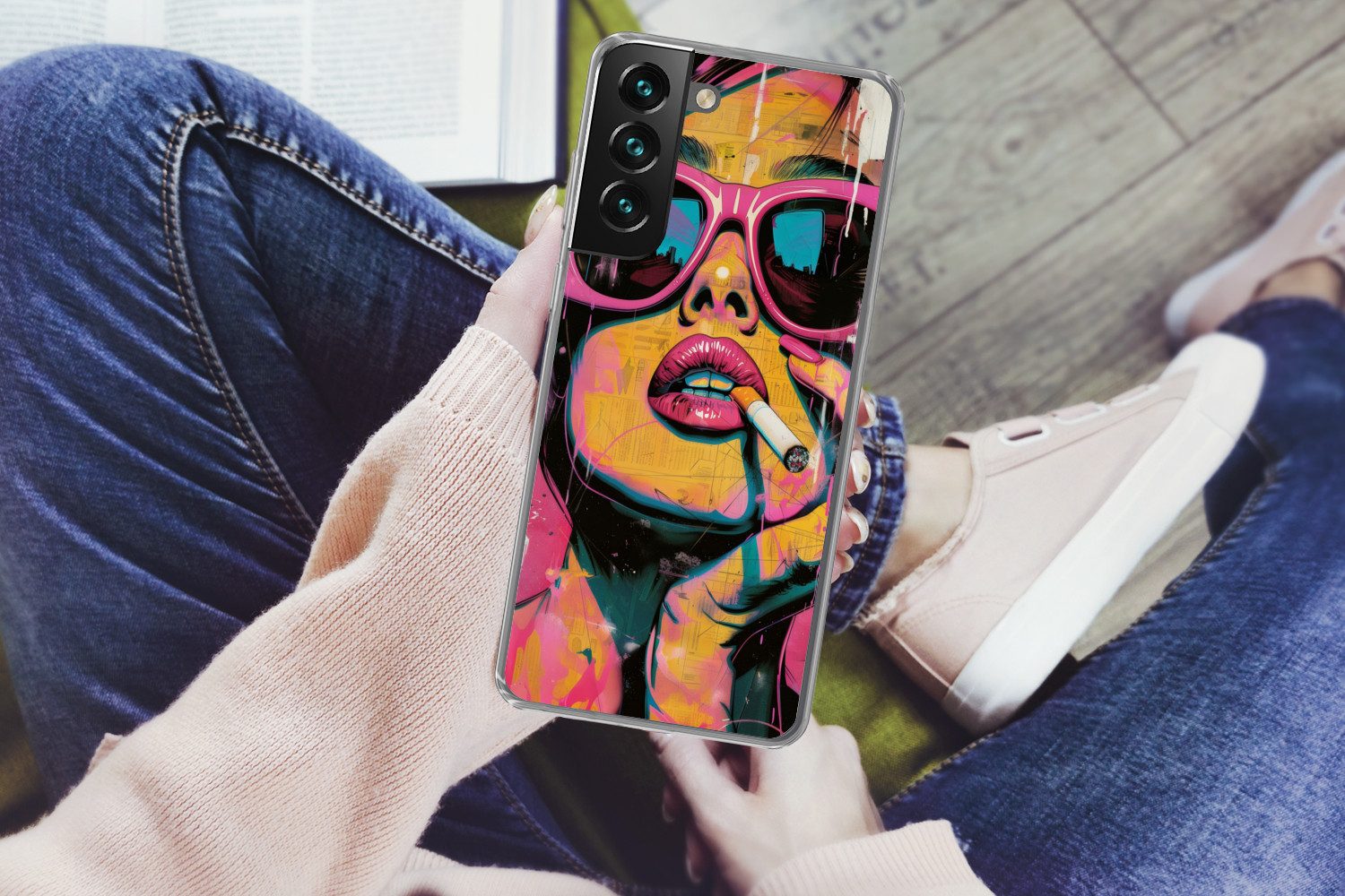 MuchoWow Handyhülle für Samsung Galaxy S22 Porträt - Frau - Abstrakt - Sonnenbrille, Phone Case, Silikon, Schutzhülle Dünn