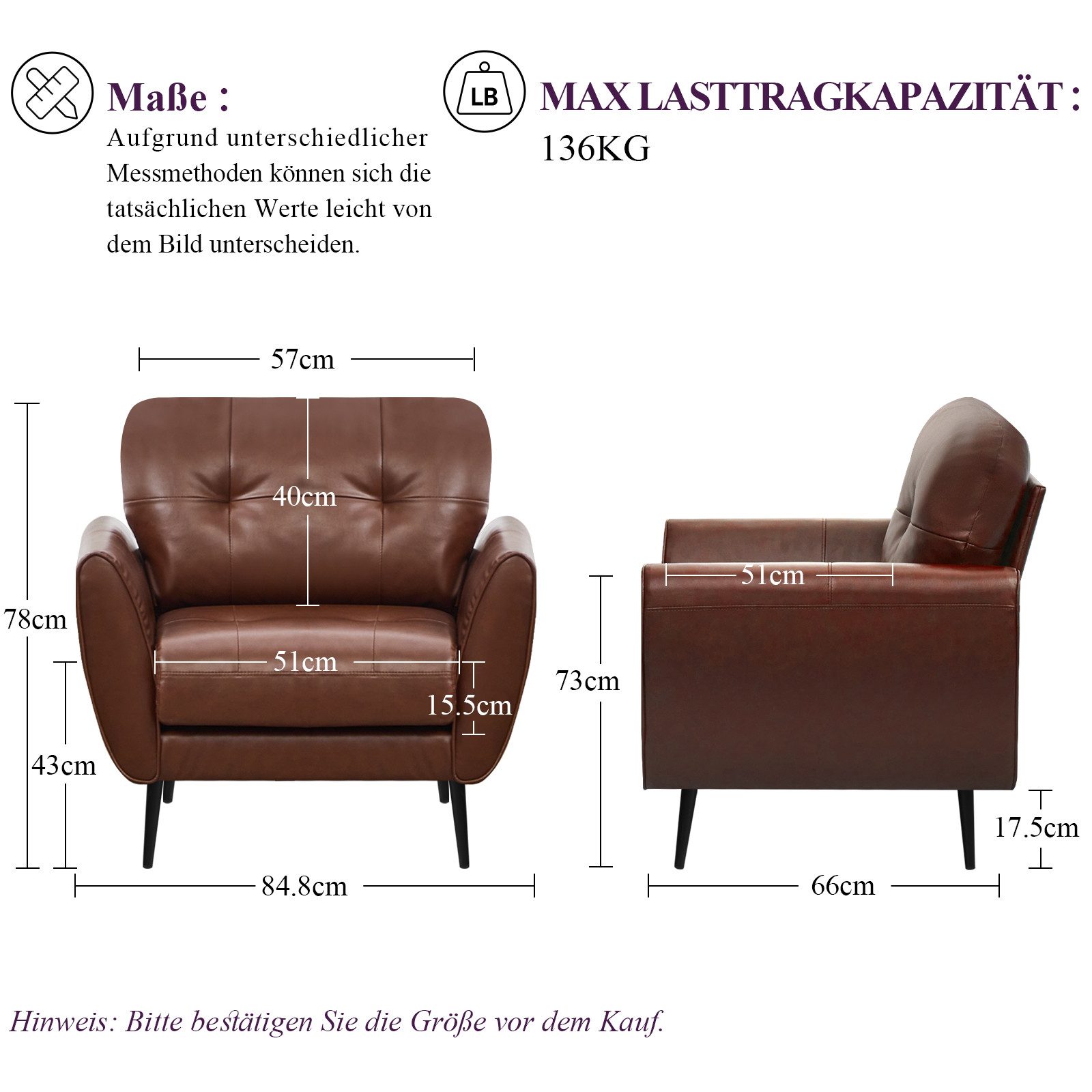 GRAVFORCE Ohrensessel Prägunoserie mit Armlehnen Moderner Loungesessel Lesesessel (1-St), für Wohnzimmer Braun