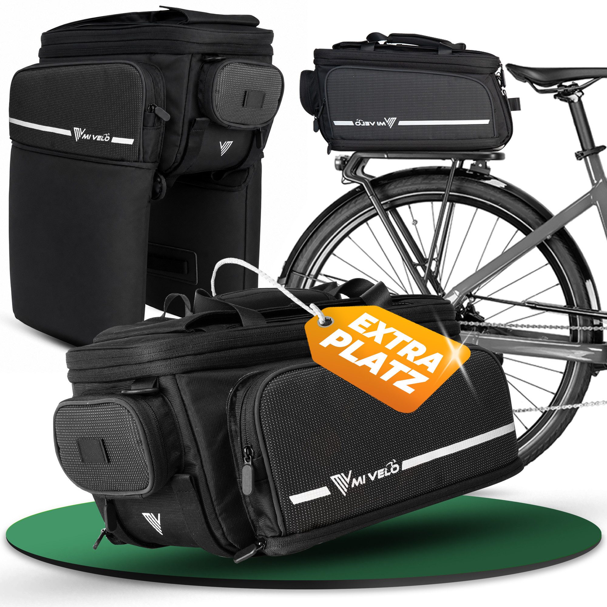 MIVELO Gepäckträgertasche für Fahrrad & E-Bike, wasserabweisend, erweiterbar 17–25 L, 13 Fächer, inkl. Regenüberzug und reflektierenden Elementen