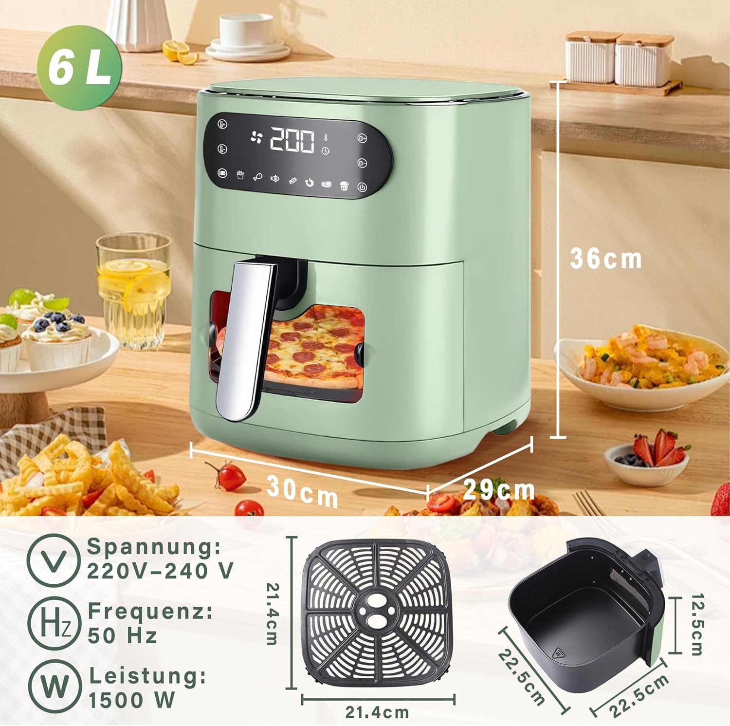 ZMH Heißluftfritteuse 6L Airfryer Einzelkorb Sichtfenster - 7 Garprogramme 11 Funktionen, 1500 W