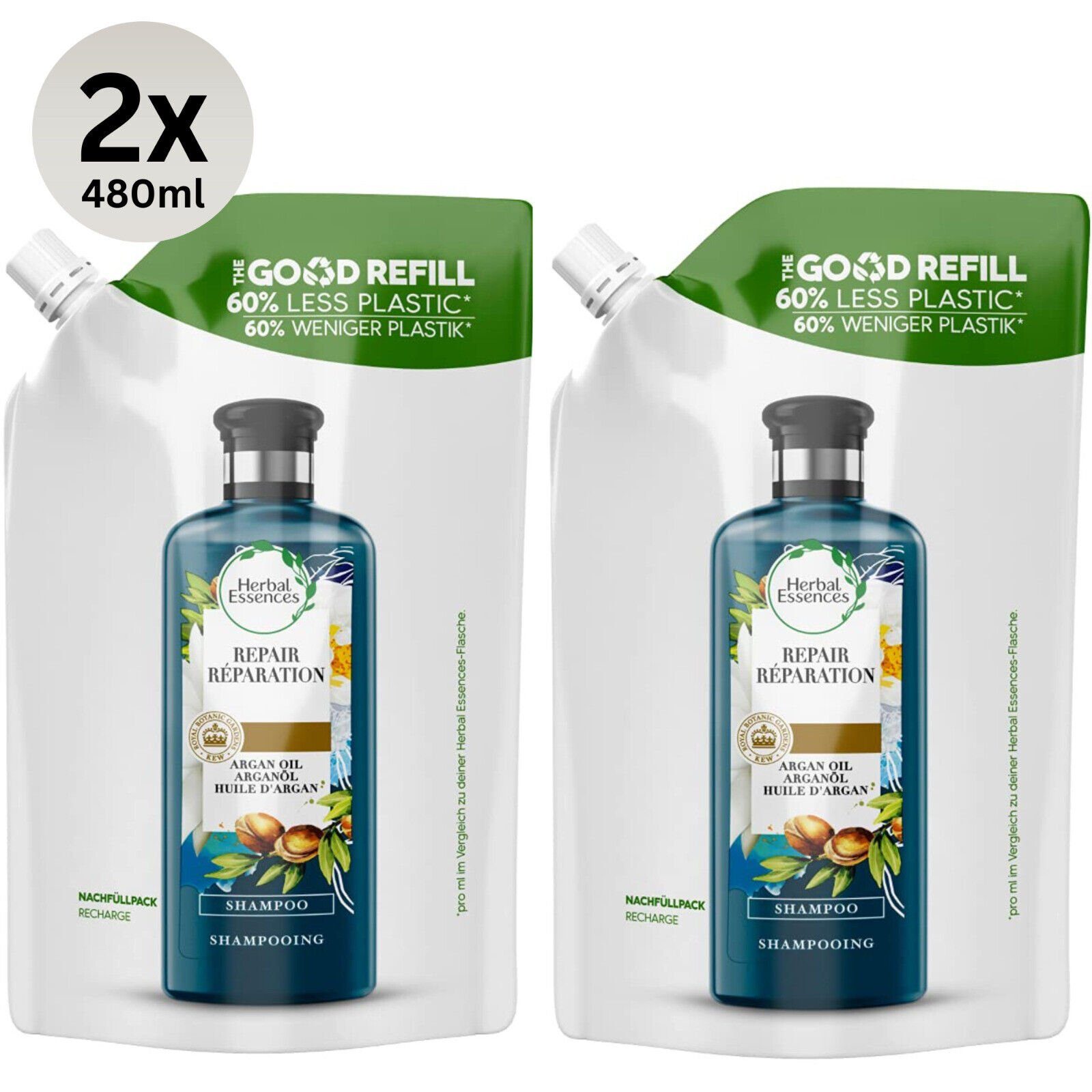 Herbal Essences Haarshampoo Repair Shampoo mit Marok. Arganöl, Good Refill Nachfüllpack 2x480ml