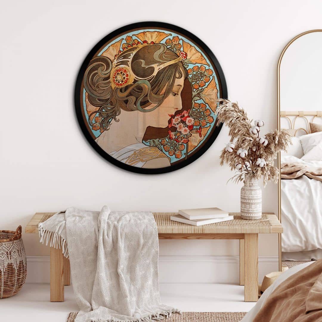 K&L Wall Art Poster Poster Retro Wandbild Vintage Kunstdruck Plakat Mucha Schlüsselblume, rundes Wandposter Wohnzimmer