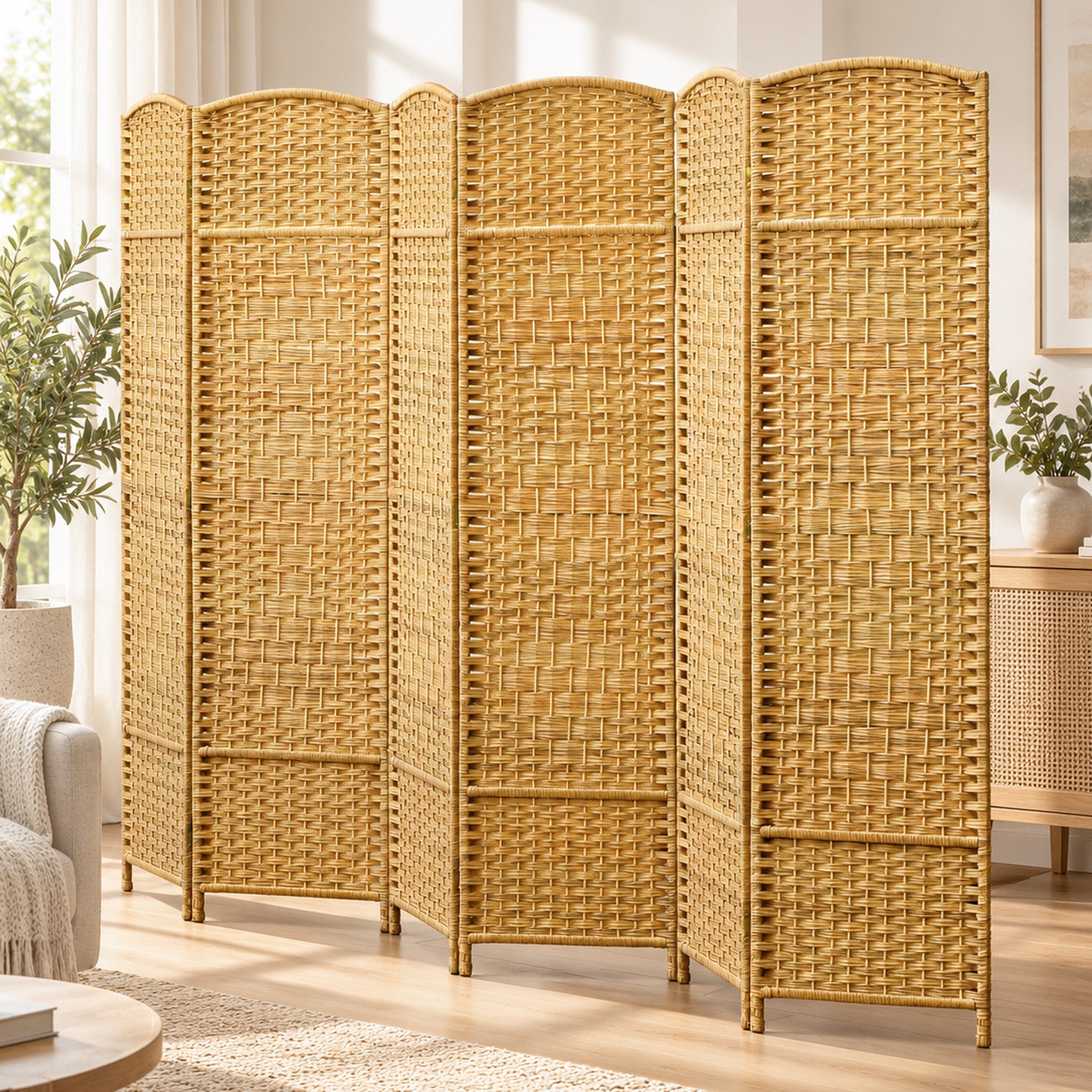 HOMCOM Paravent Faltbar Raumtrenner Stellwand Sichtschutz (Raumteiler, 6 St., Trennwand), für Wohnzimmer 270 x 180 cm Naturholz