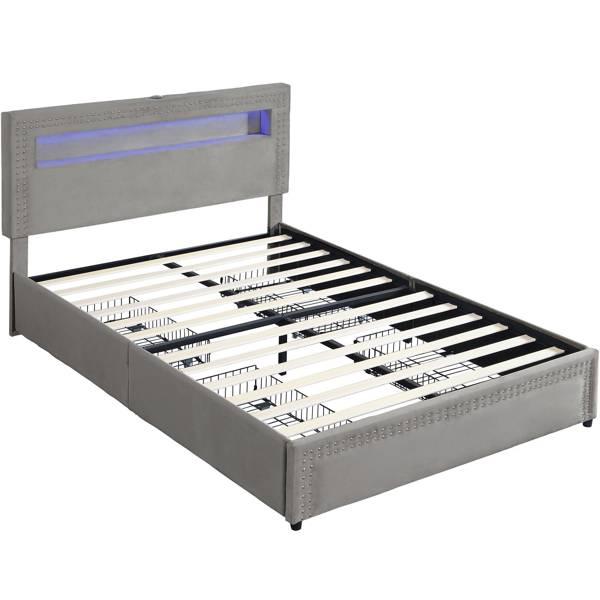 Polsterbett (140 x 200 cm Bett mit 4 Schubladen, LED Beleuchtung und USB-Anschluss), Doppelbett mit Lattenrost und Fernbedienung, hohem Kopfteil, Samt
