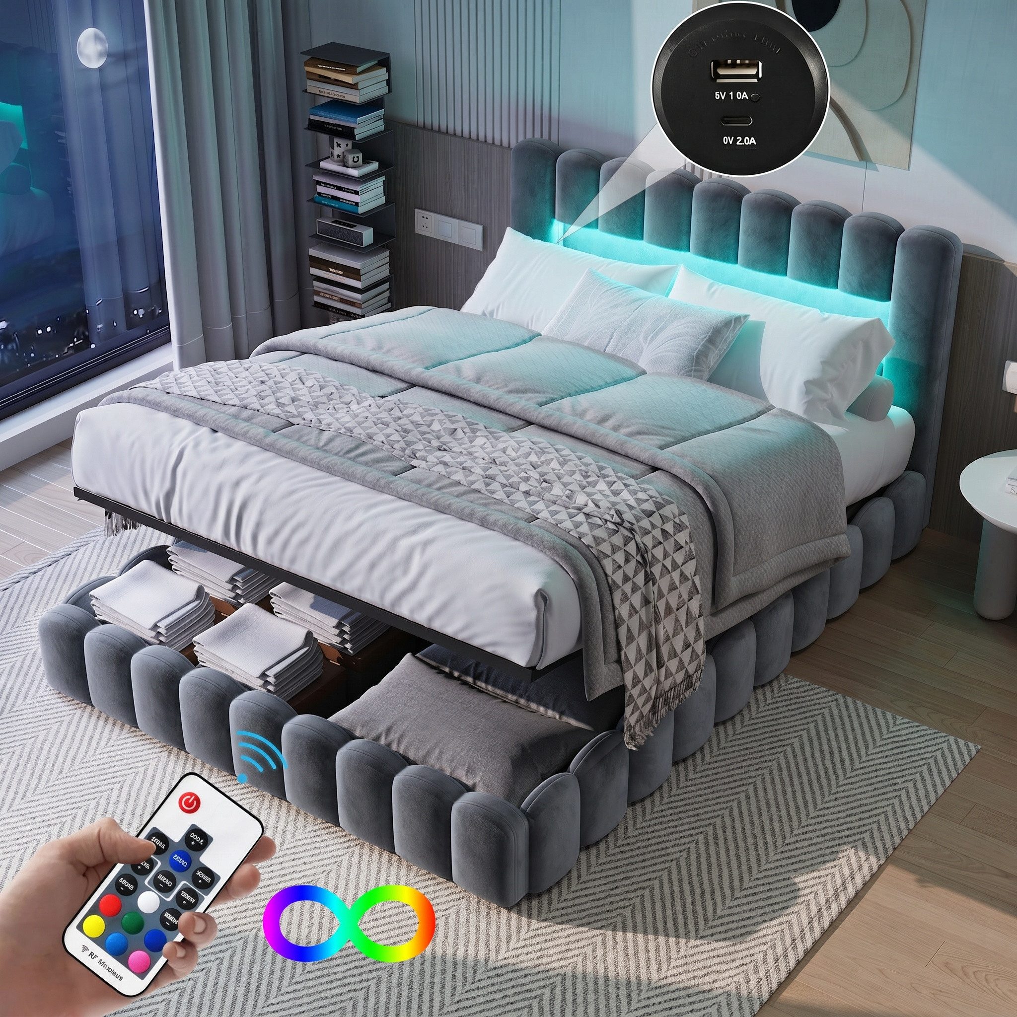 Furnishings Home Polsterbett Doppelbett Jugendbett (Set, Bett), Mit LED-Beleuchtung, USB & Type-c Anschlüsse, Leinen, 180x200 cm