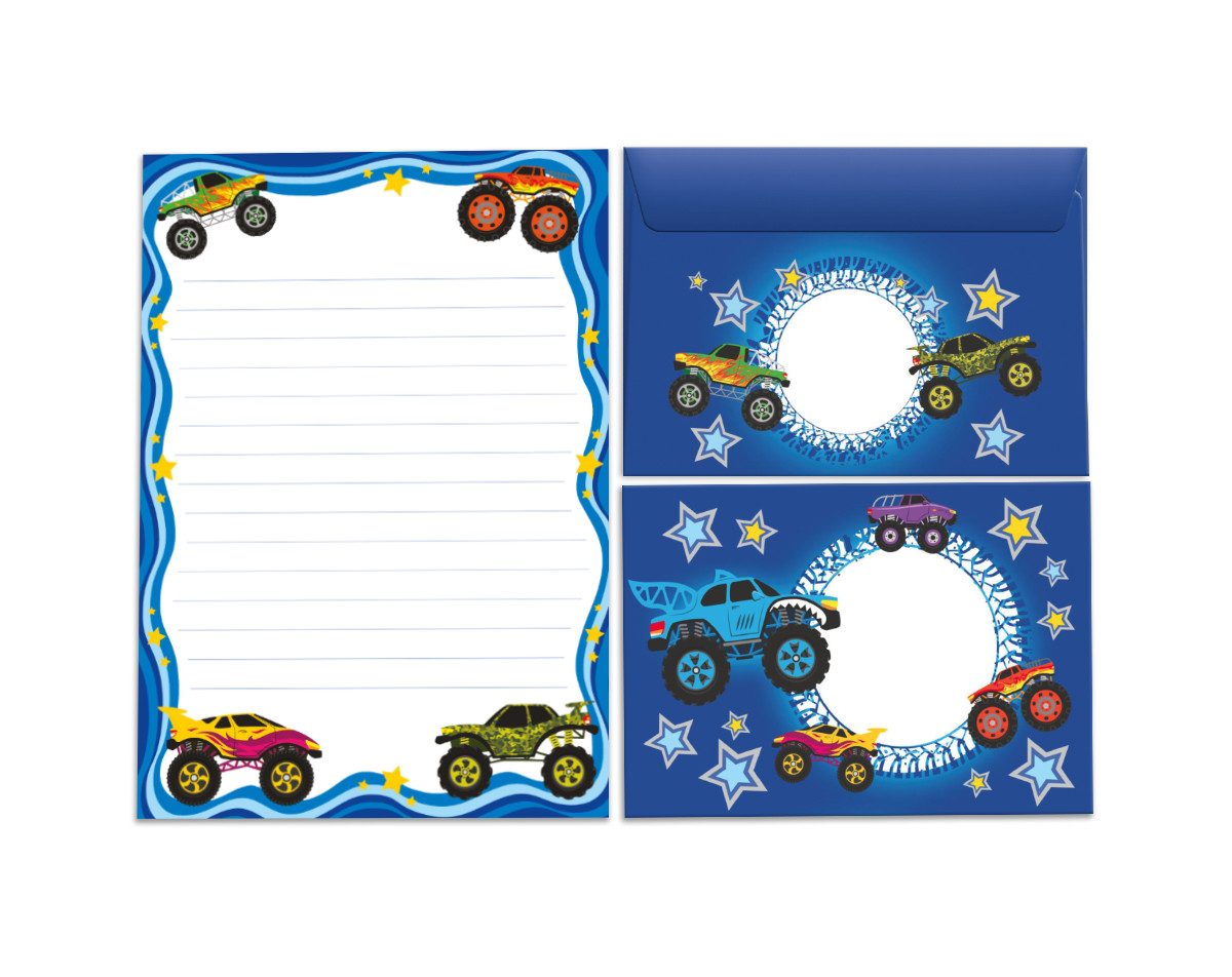 JUNAPACK Briefpapier Set Kinder Briefblock A5 mit Umschlägen Notizblock Monster Truck blau, Kinder-Briefpapier A5 mit 15 Umschlägen, liniert & leicht beschreibbar